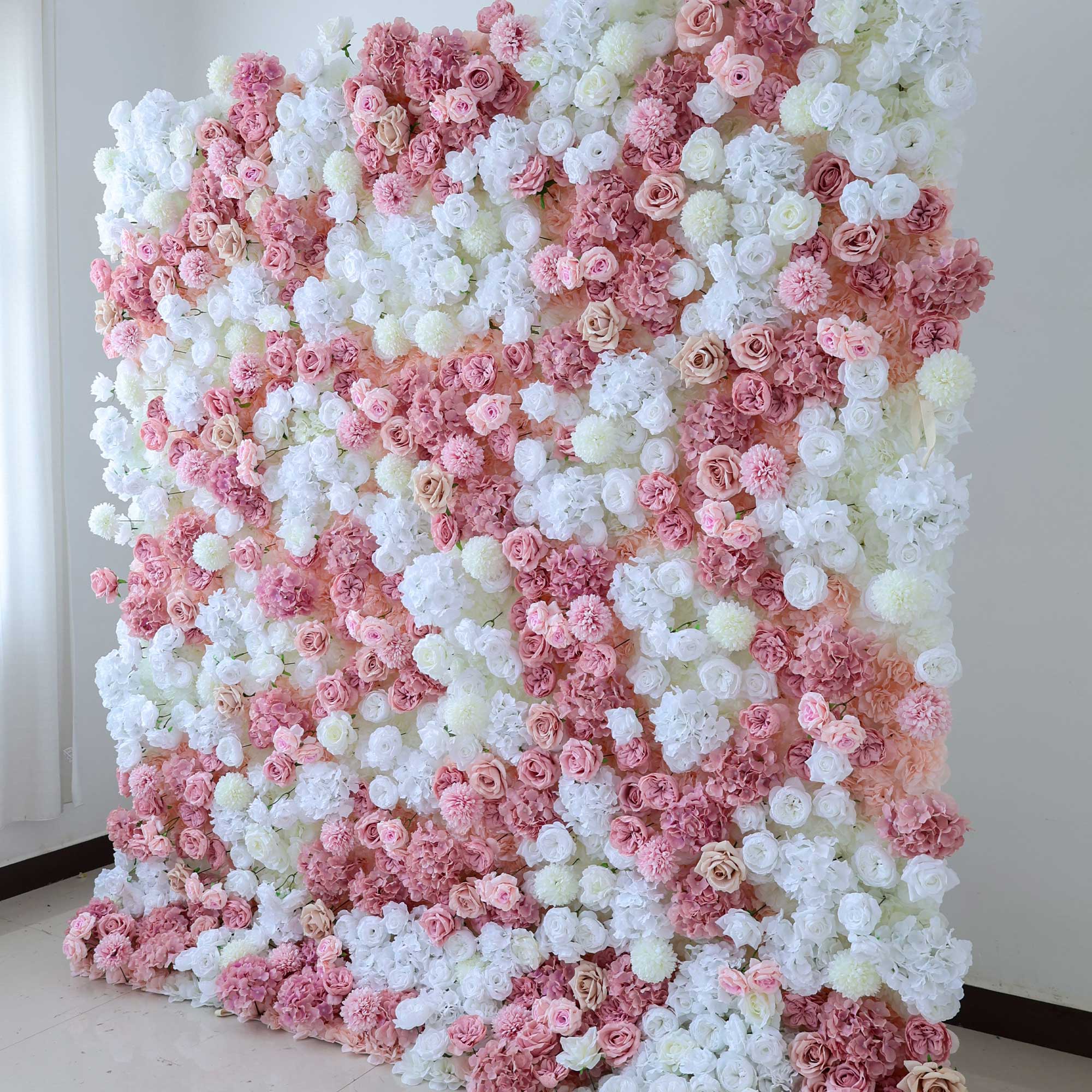 Handcrafted 5D artificial flower wall backdrop with a blend of blush pink and white roses and ivory accents. Ideal for weddings, romantic events, and photoshoots, adding an enchanting and elegant ambiance. VF-418-2-4