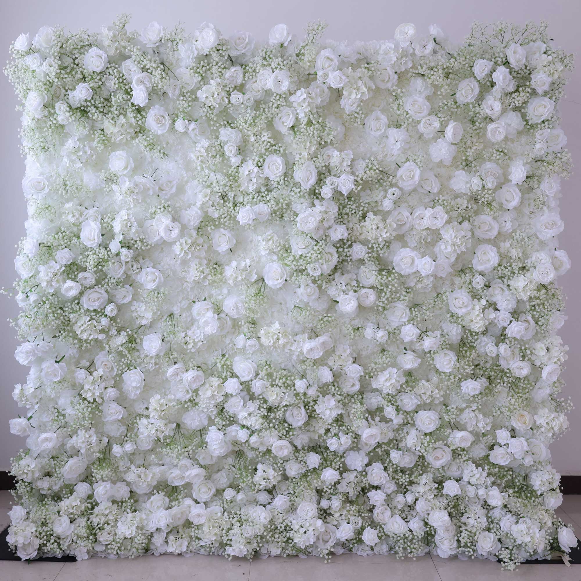 Handcrafted 5D artificial flower wall backdrop with delicate white roses and baby’s breath, set against a light background. Ideal for wedding decor, engagement party decor, and bridal showers, adding a soft, elegant ambiance for photoshoots and special events. VF-419-1