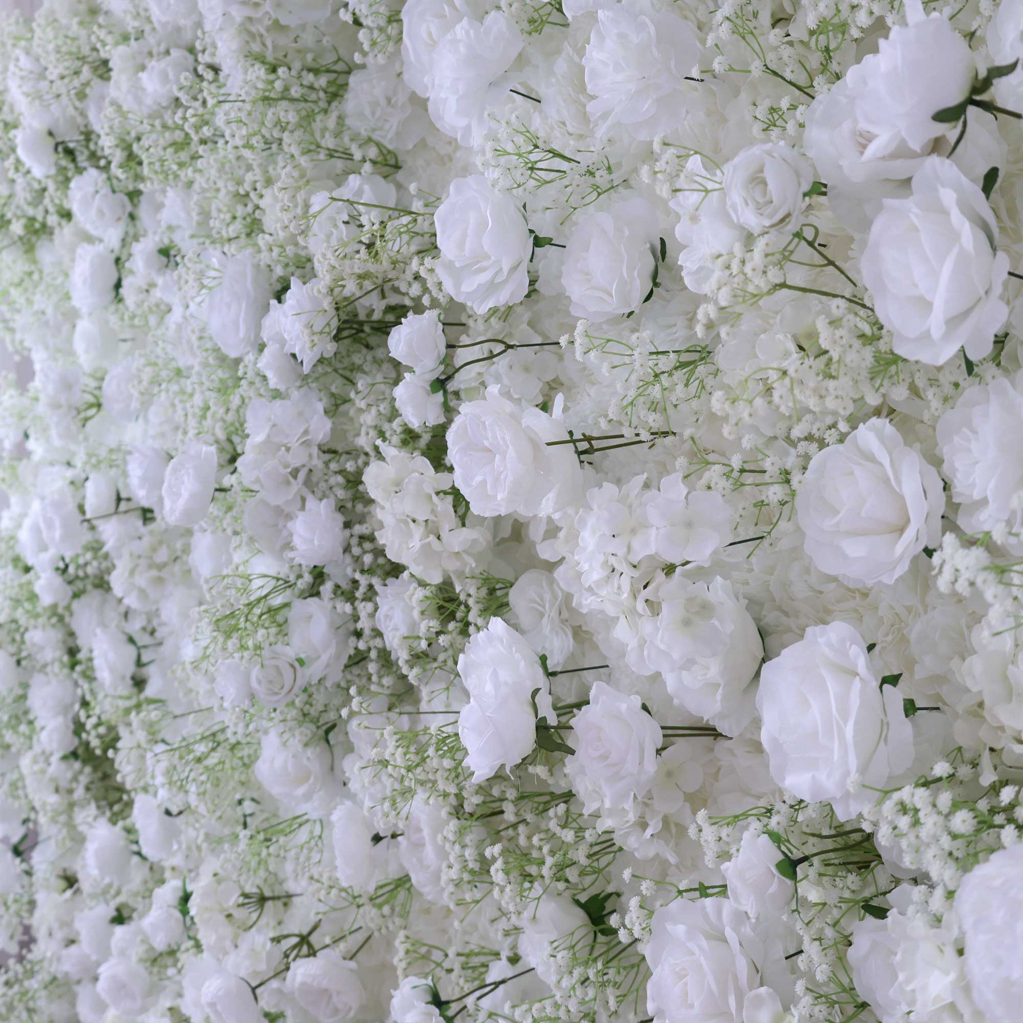 Handcrafted 5D artificial flower wall backdrop with delicate white roses and baby’s breath, set against a light background. Ideal for wedding decor, engagement party decor, and bridal showers, adding a soft, elegant ambiance for photoshoots and special events. VF-419-4