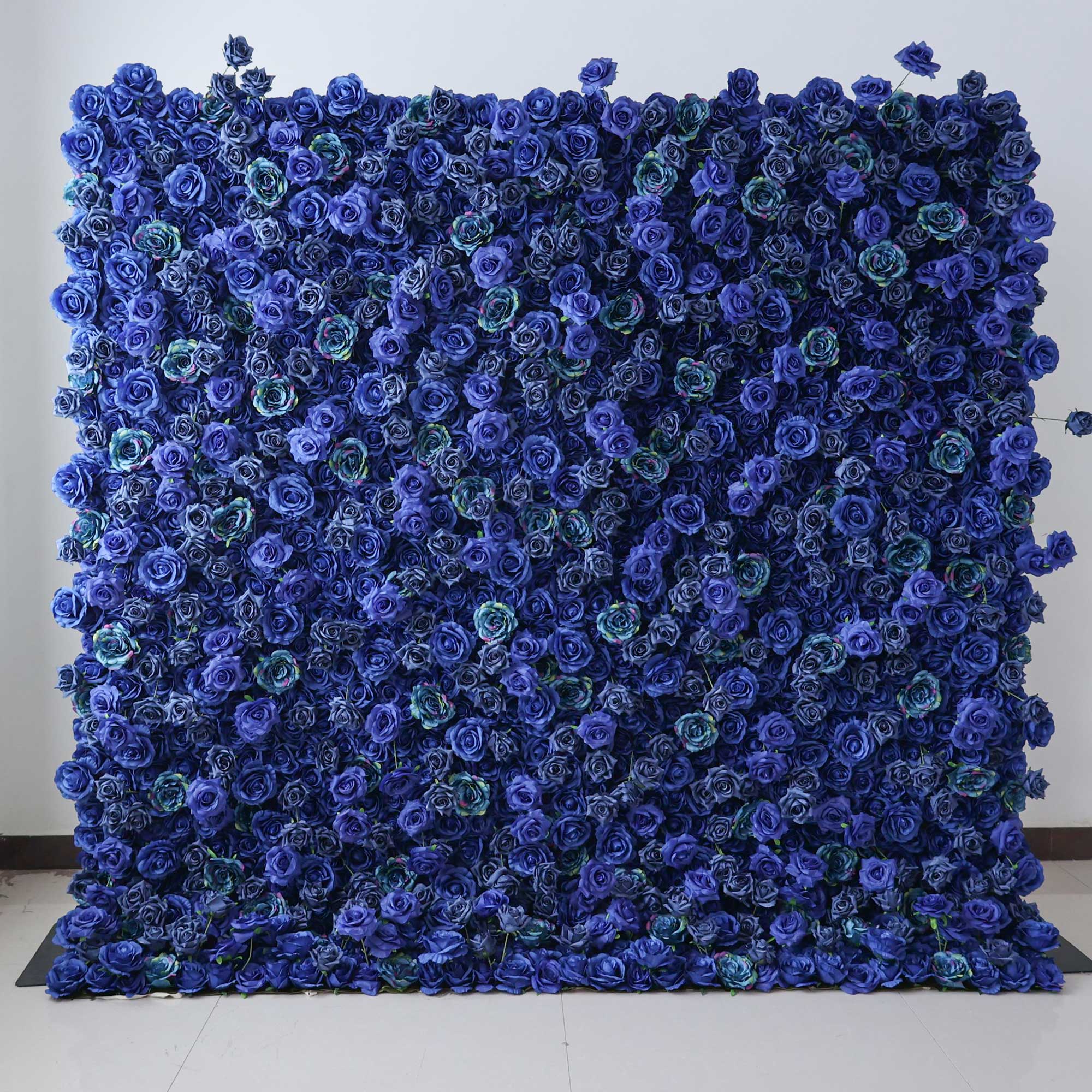 Handcrafted 5D artificial flower wall backdrop with deep royal blue roses, set against a light background. Ideal for wedding decor, party backdrops, and bold event settings, creating a striking and memorable ambiance.VF-420-1