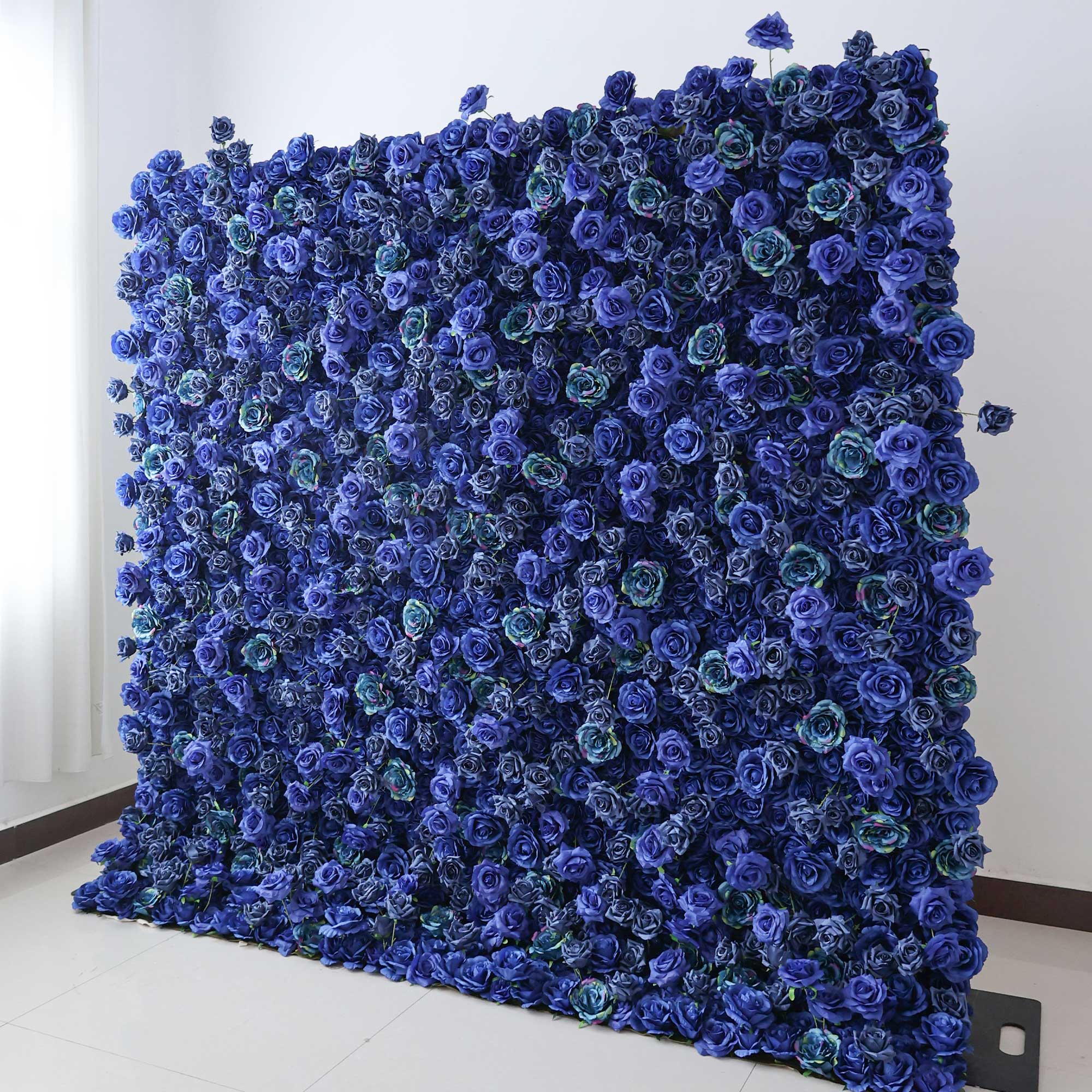 Handcrafted 5D artificial flower wall backdrop with deep royal blue roses, set against a light background. Ideal for wedding decor, party backdrops, and bold event settings, creating a striking and memorable ambiance.VF-420-2