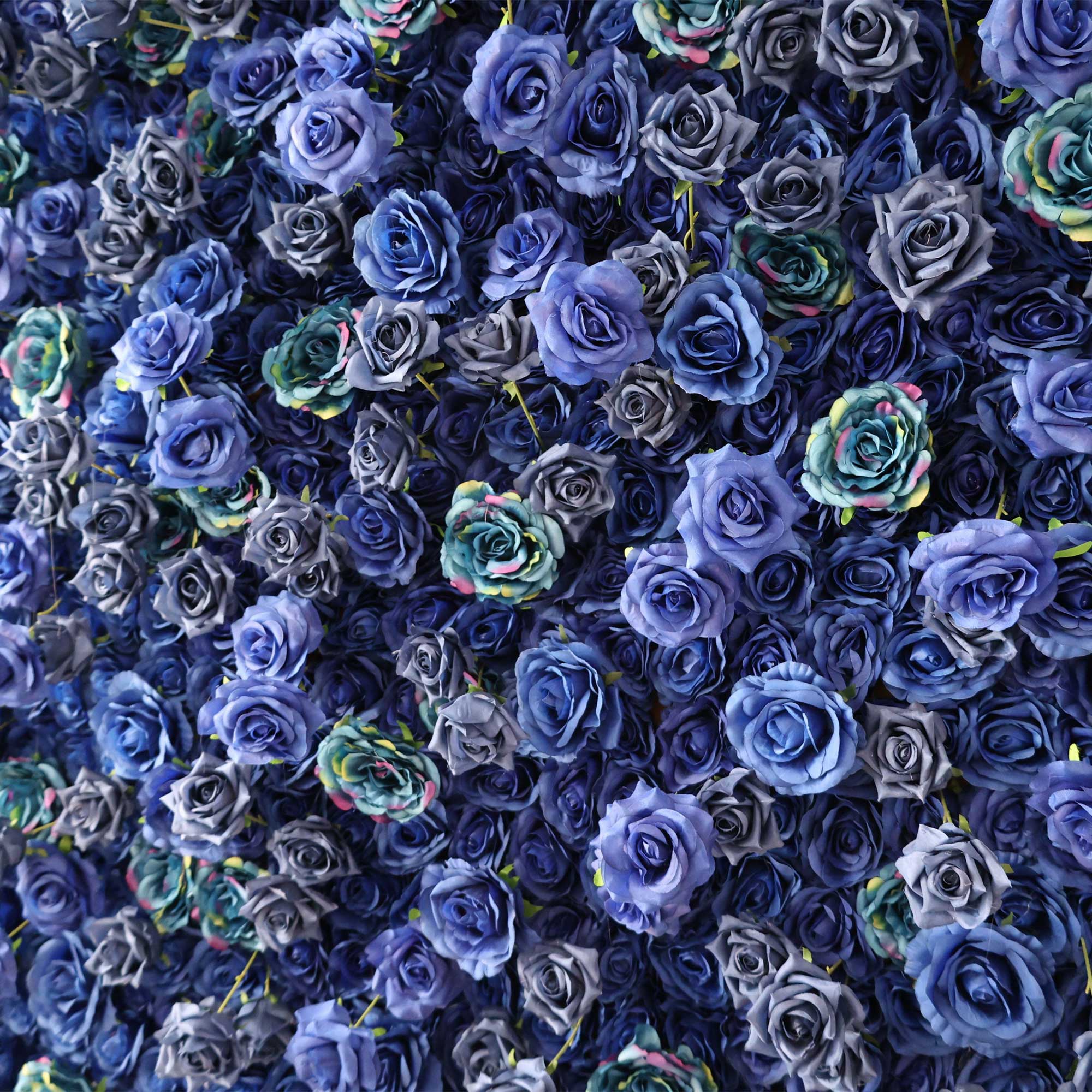 Handcrafted 5D artificial flower wall backdrop with deep royal blue roses, set against a light background. Ideal for wedding decor, party backdrops, and bold event settings, creating a striking and memorable ambiance.VF-420-3