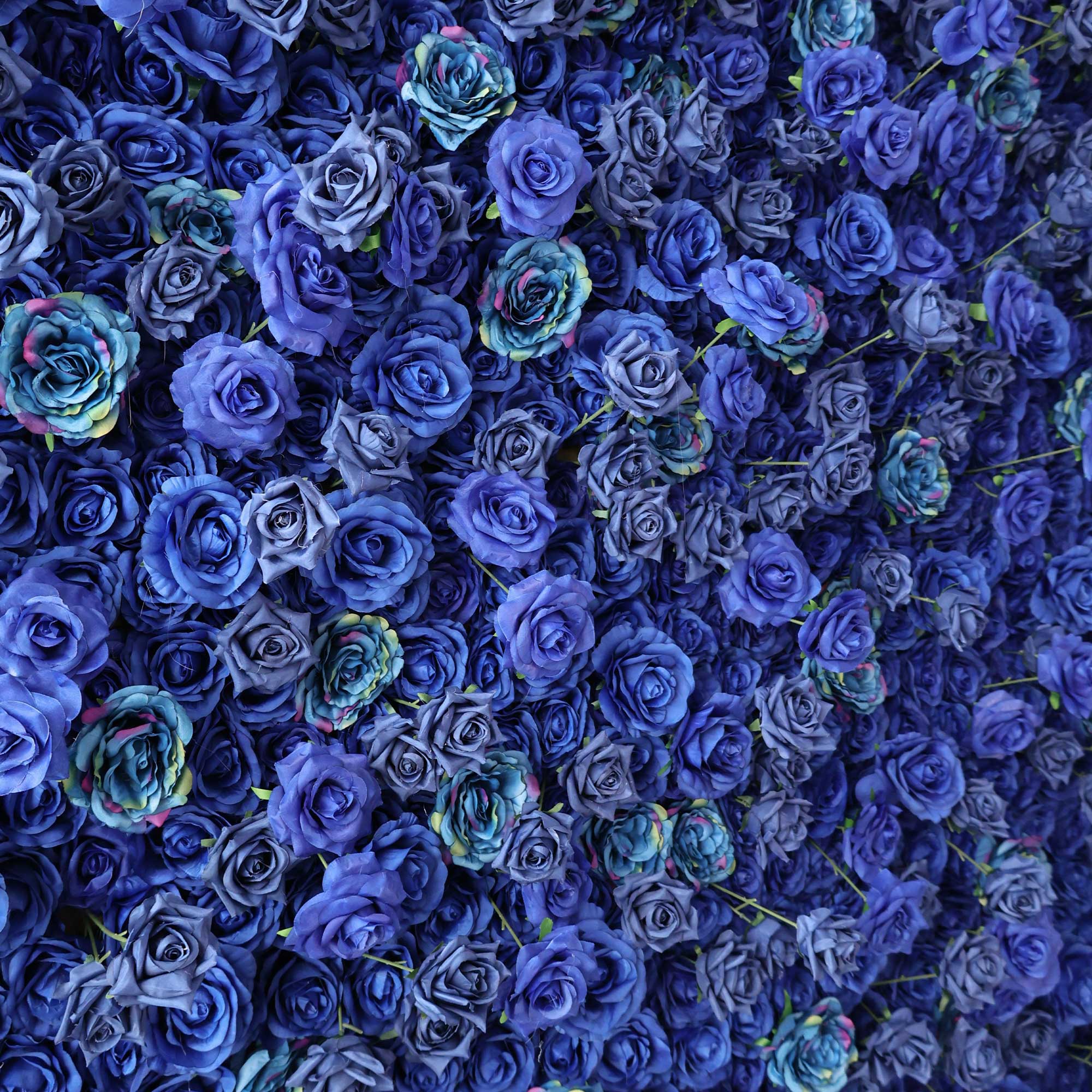 Handcrafted 5D artificial flower wall backdrop with deep royal blue roses, set against a light background. Ideal for wedding decor, party backdrops, and bold event settings, creating a striking and memorable ambiance.VF-420-4