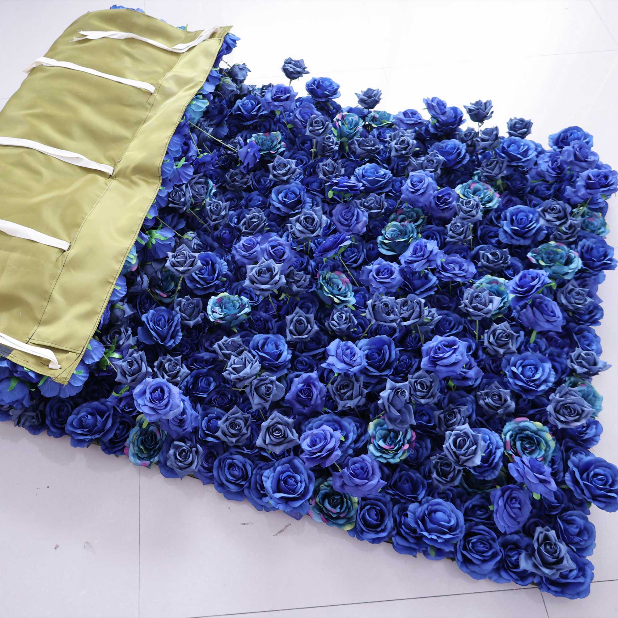 Handcrafted 5D artificial flower wall backdrop with deep royal blue roses, set against a light background. Ideal for wedding decor, party backdrops, and bold event settings, creating a striking and memorable ambiance.VF-420-5