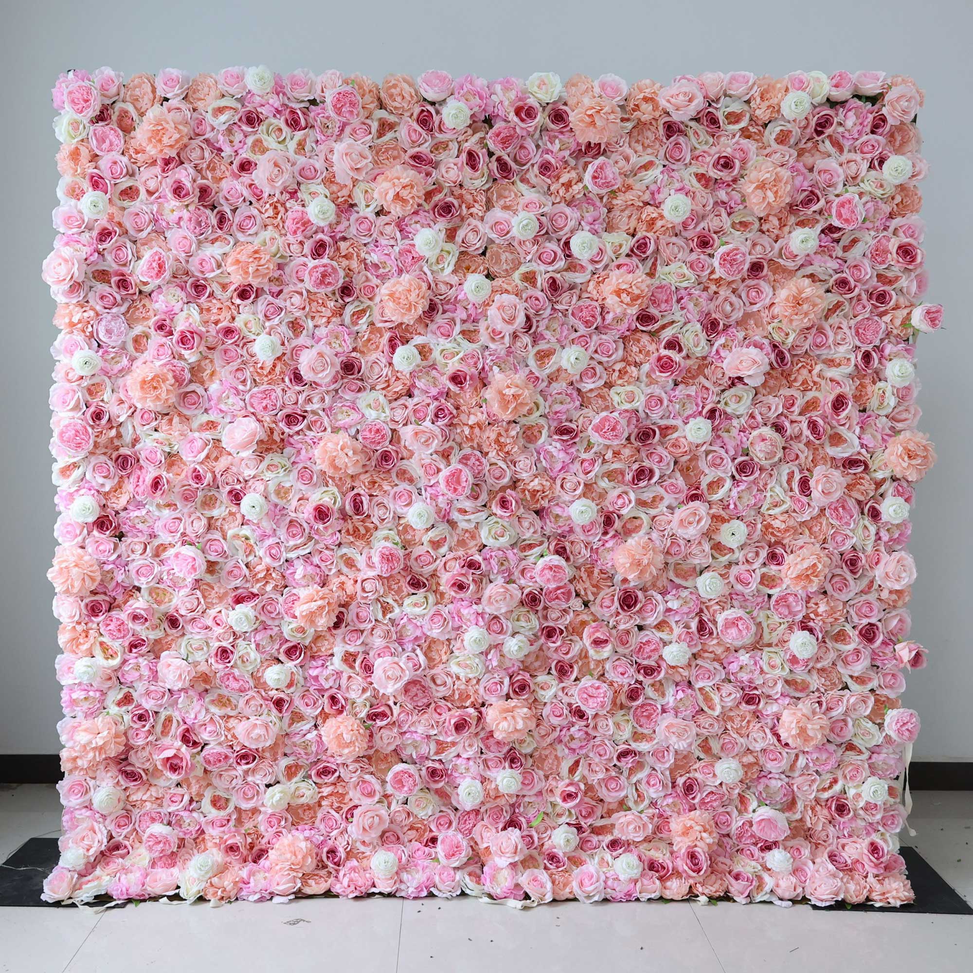 Handcrafted 5D artificial flower wall backdrop with peach and pink roses, creating a soft, vibrant look. Ideal for wedding decor, bridal showers, and party backdrops, adding warmth and charm to special events.VF-423-1