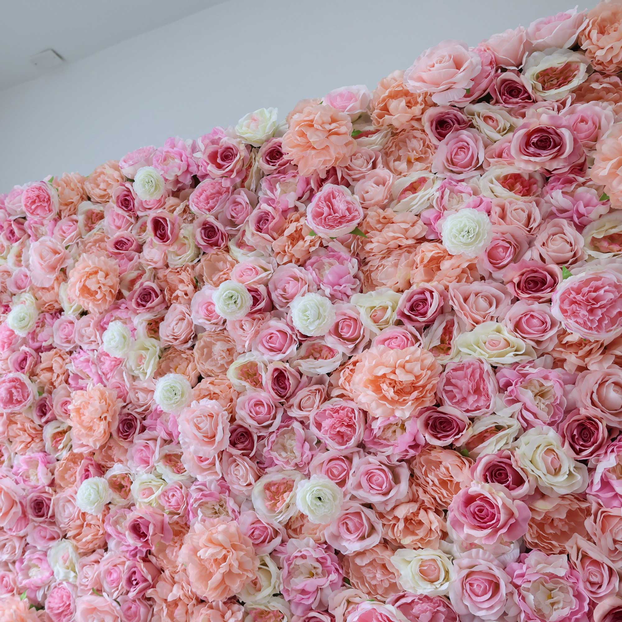 Handcrafted 5D artificial flower wall backdrop with peach and pink roses, creating a soft, vibrant look. Ideal for wedding decor, bridal showers, and party backdrops, adding warmth and charm to special events.VF-423-2