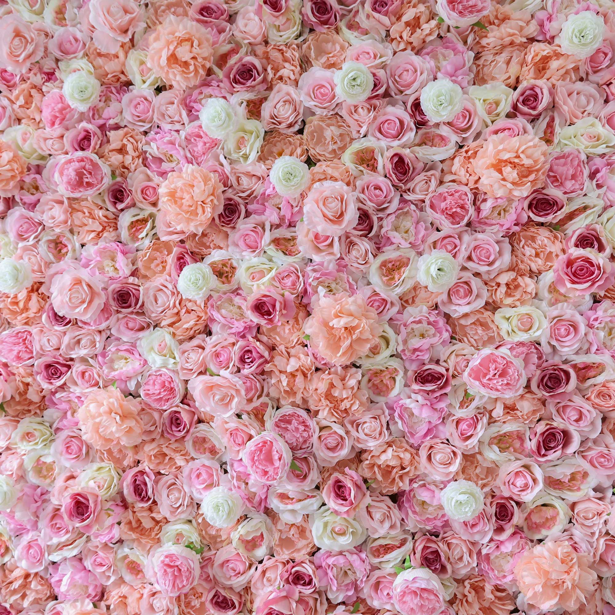 Handcrafted 5D artificial flower wall backdrop with peach and pink roses, creating a soft, vibrant look. Ideal for wedding decor, bridal showers, and party backdrops, adding warmth and charm to special events.VF-423-3