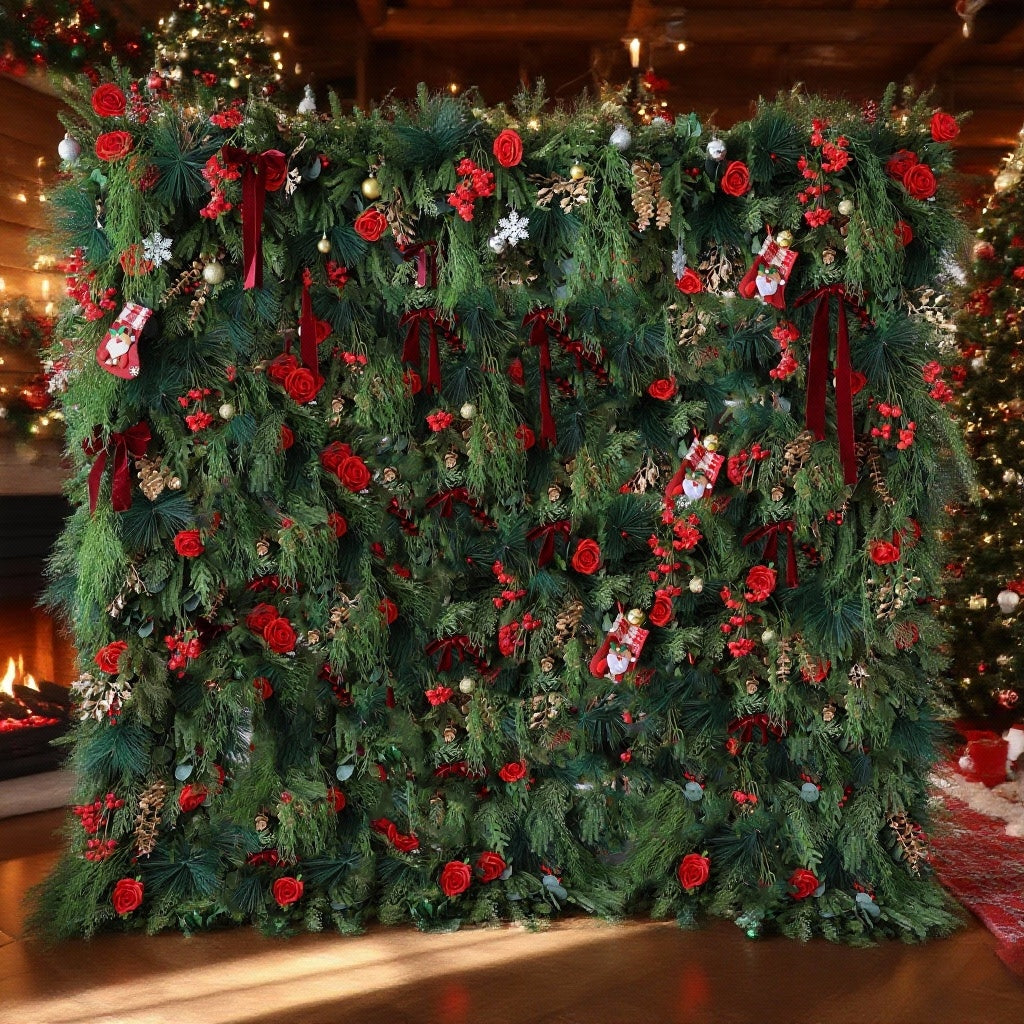 Valar Flower Christmas Themed Floral Wall Backdrop: Festive Evergreen & Red Rose Masterpiece for Holiday Events & Decor-VF-491-2