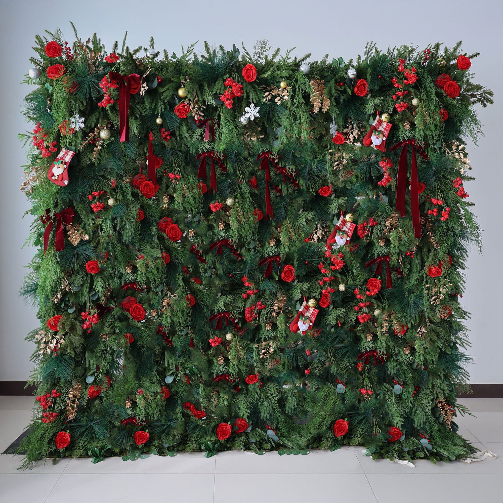 Valar Flower Christmas Themed Floral Wall Backdrop: Festive Evergreen & Red Rose Masterpiece for Holiday Events & Decor-VF-491-2