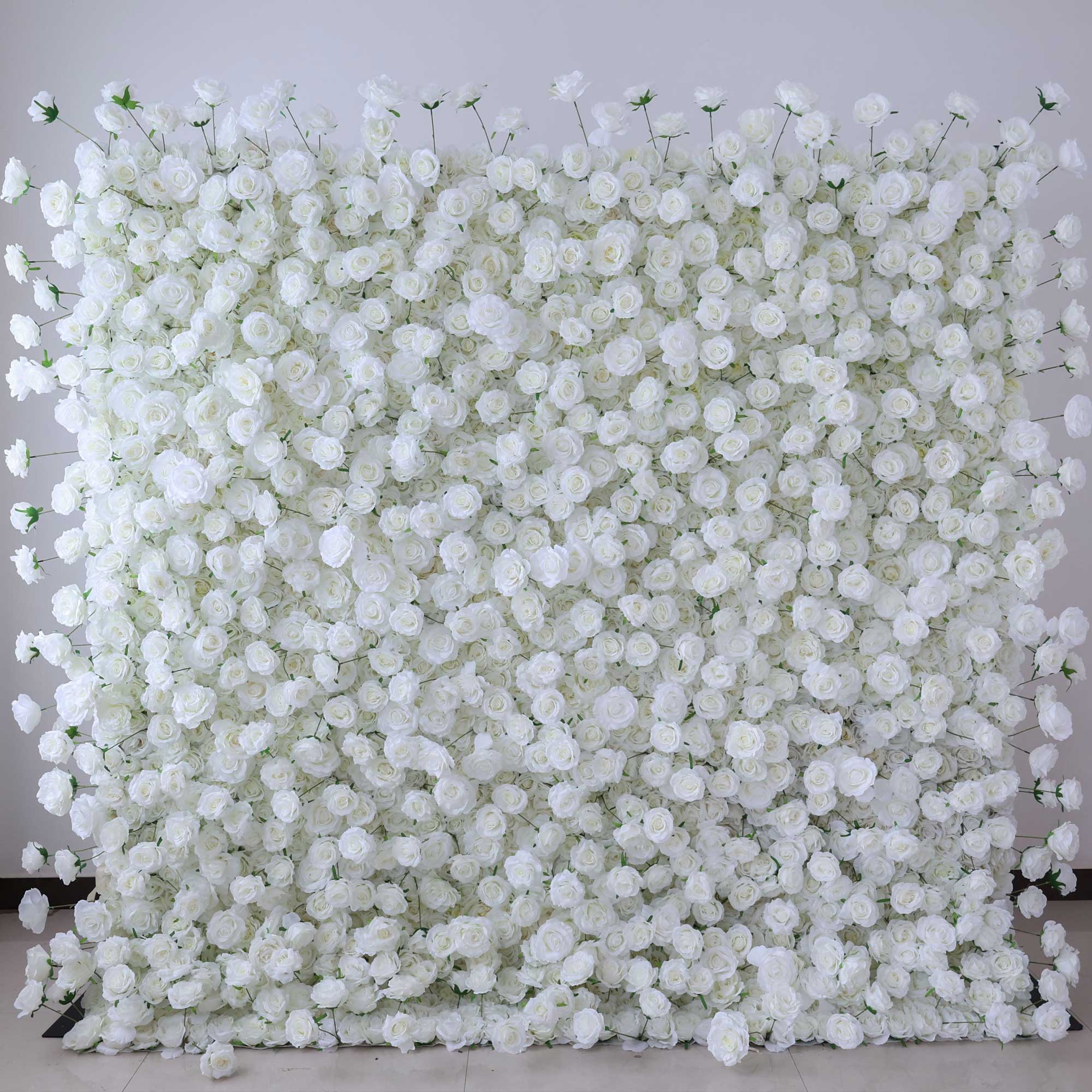 Handcrafted 5D artificial flower wall backdrop with pure white roses, set against a light background. Ideal for weddings, formal events, and photoshoots, providing a classic and elegant setting 404-2-1