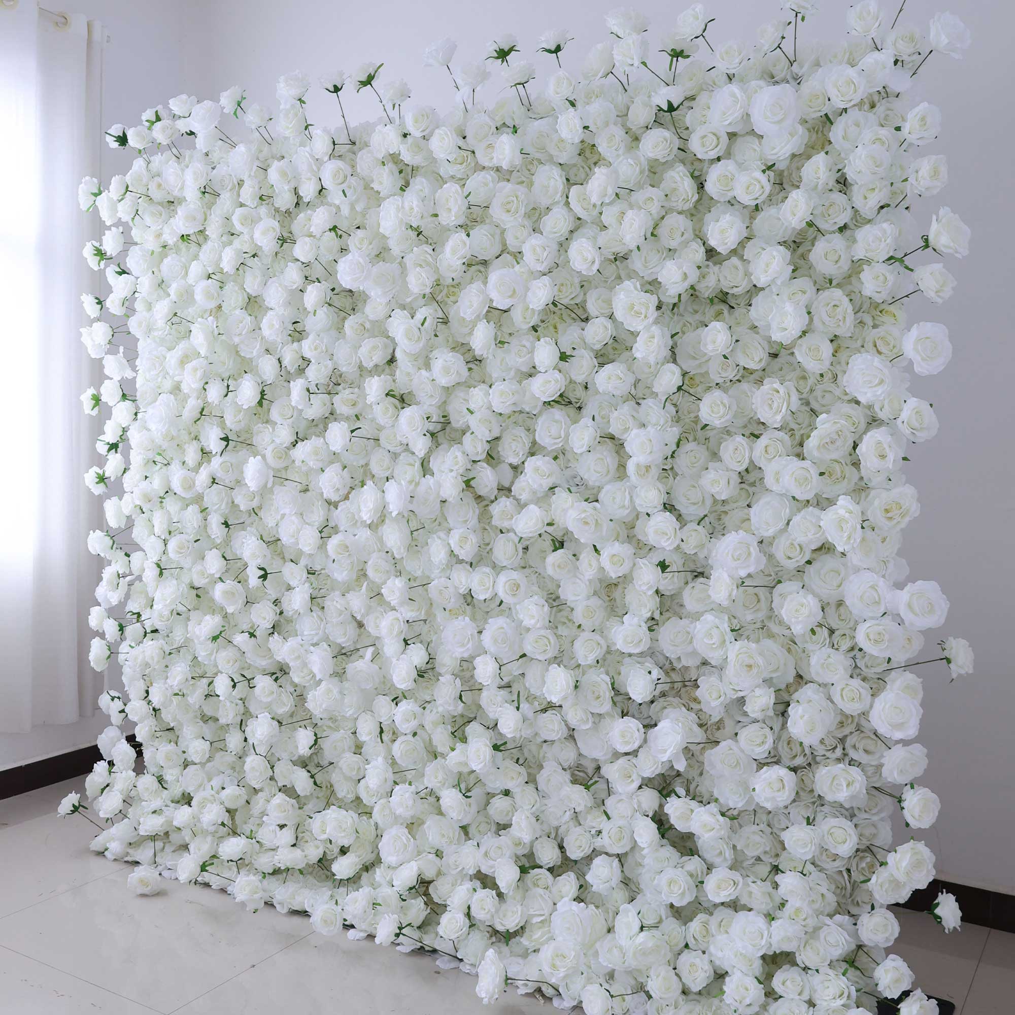 Handcrafted 5D artificial flower wall backdrop with pure white roses, set against a light background. Ideal for weddings, formal events, and photoshoots, providing a classic and elegant setting 404-2-2