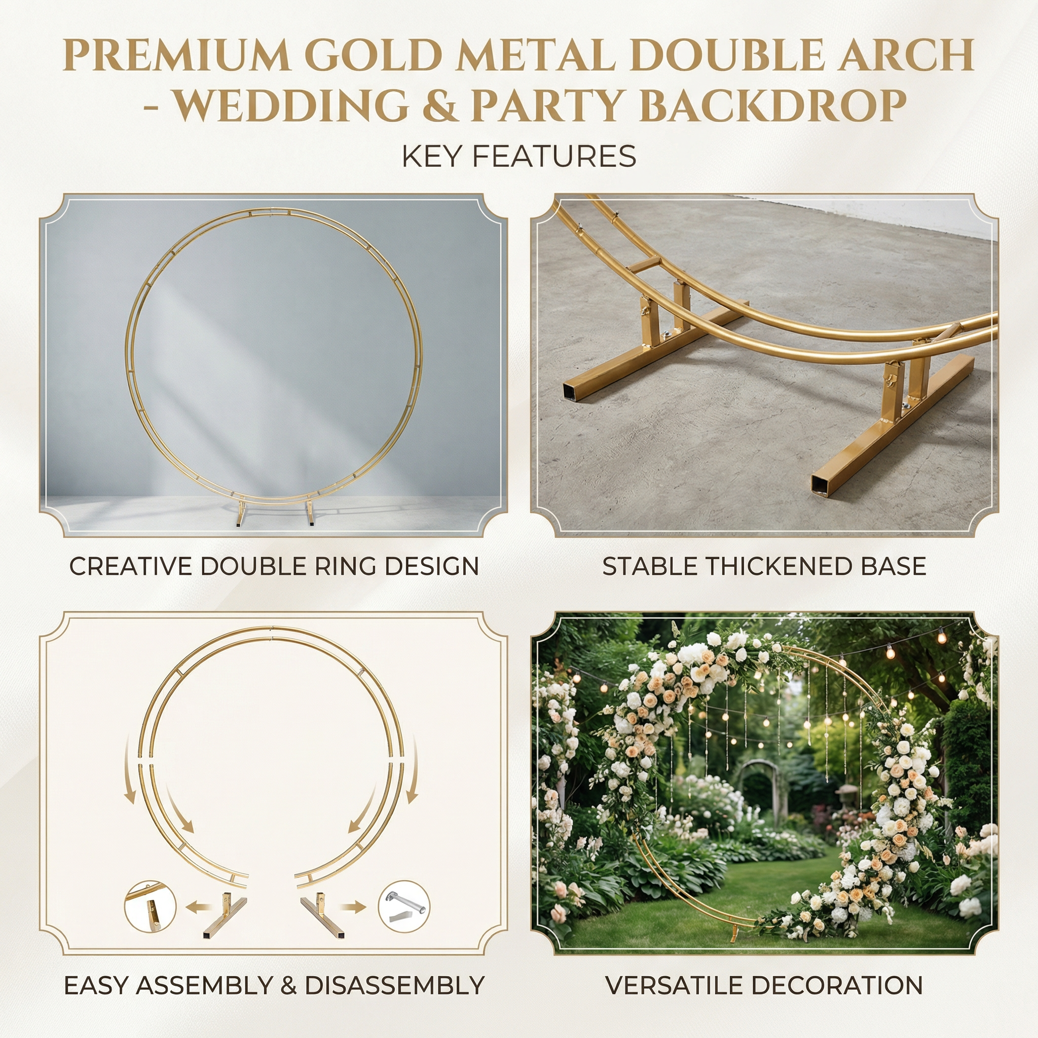 Extra Stable Wedding Arch 7.87ft for Ceremony or Party, Outdoor Garden Trellis for Climbing Plant, Golden Metal Balloon Arches Backdrop Stand