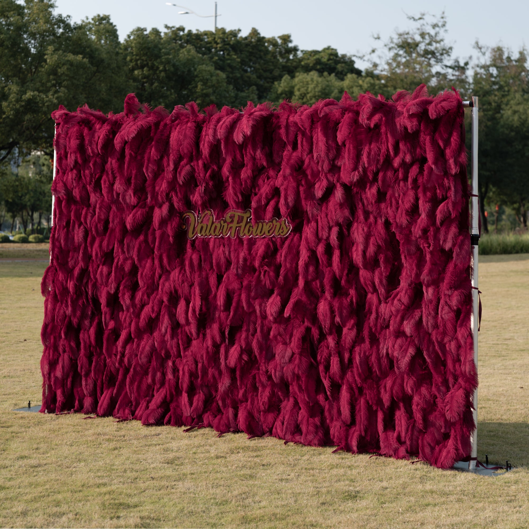 Burgundy Red Ostrich Feather Wall Backdrop - Roll-Up Fabric Wall - Bridal Party Decor - Wedding Venues Celebration Floral Wall-VF-964-5