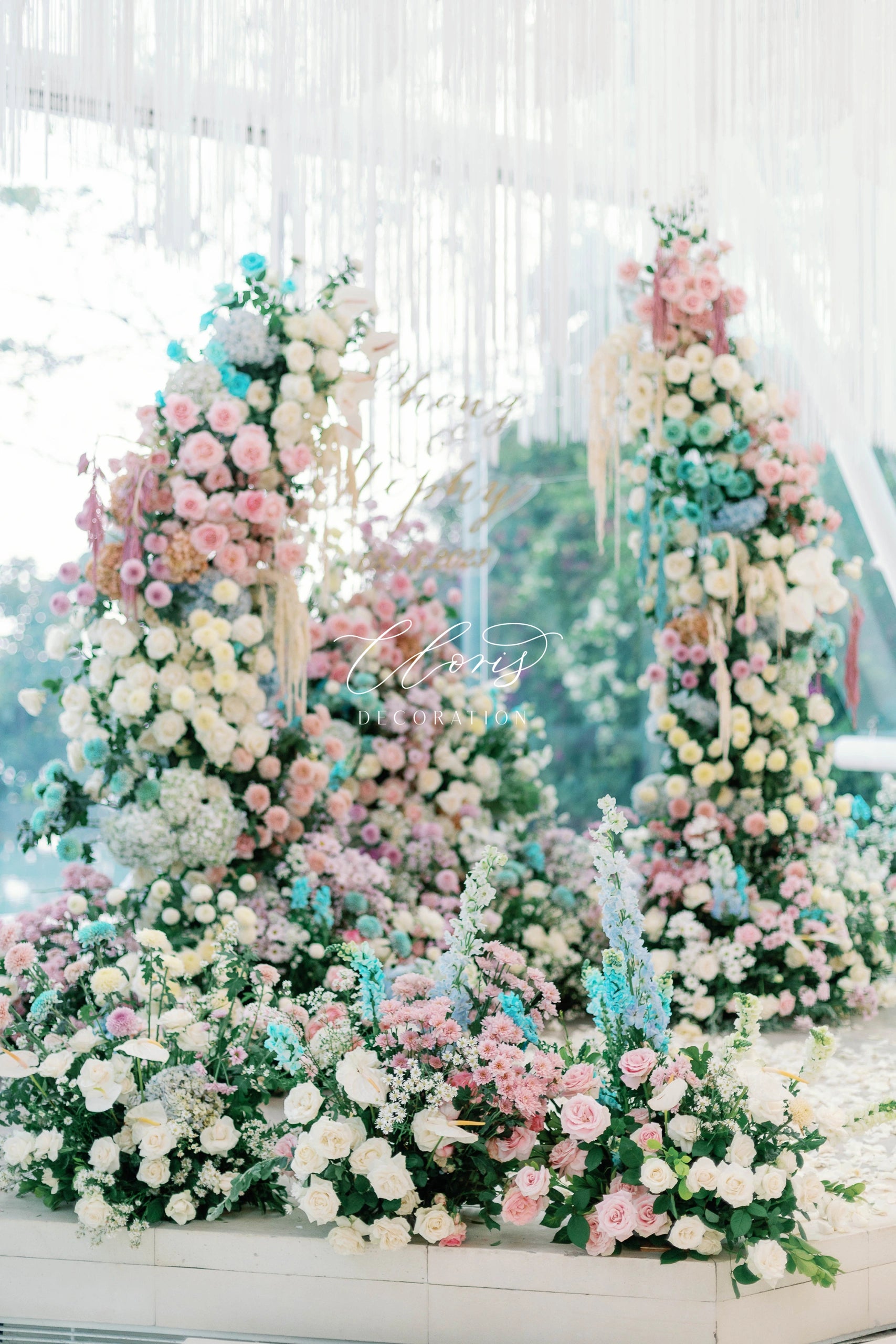 Valar Flower Wedding Moon Shaped Floral Arch 6*7ft -Pink&Blue Color Artificial Flower Arrangement Backdrop VA-109