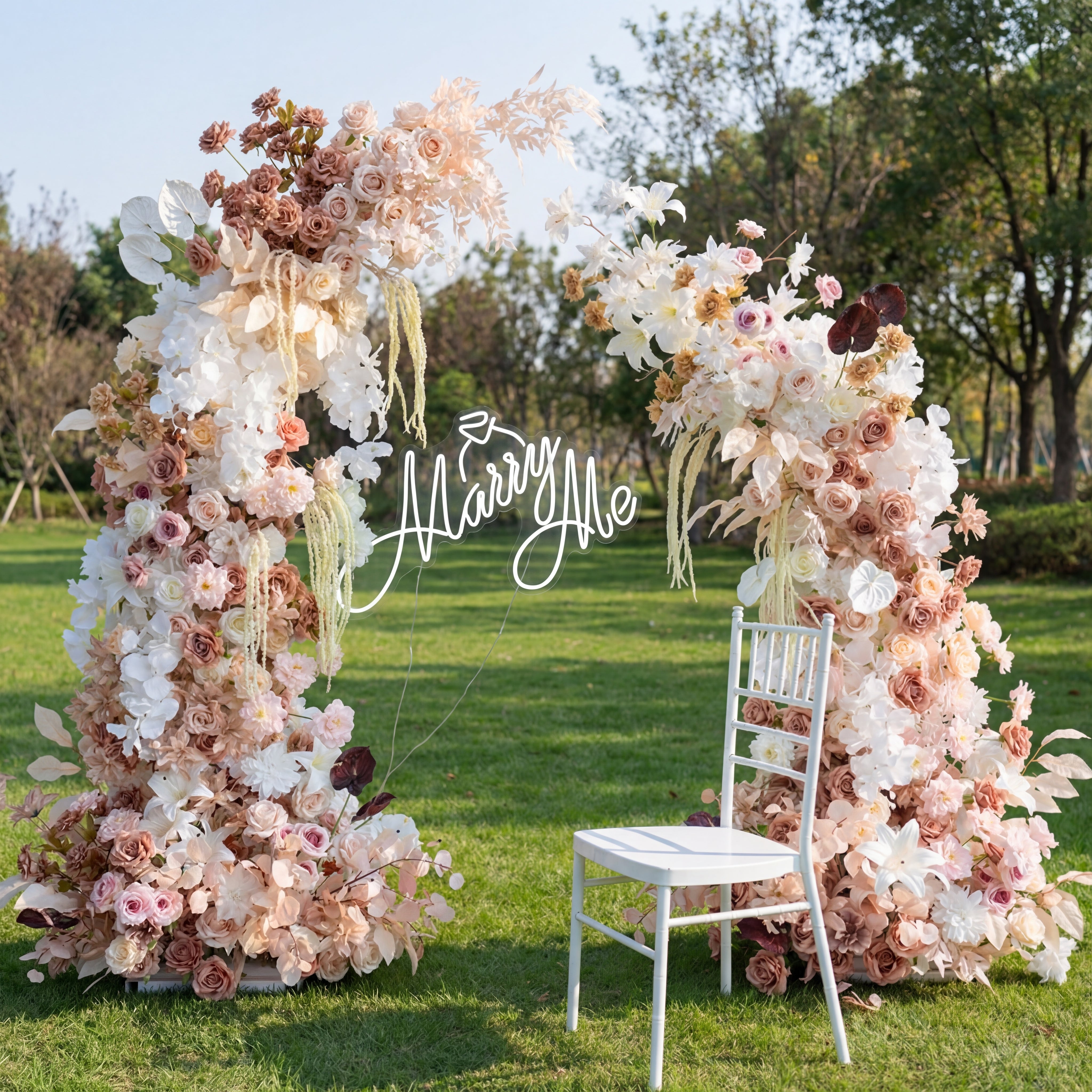 Coffee Brown Theme Elegant Moon Shape Wedding Ceremony Floral Horn Arch - Artificial Flower Arch for Weddings, Events, and Special Occasions VA-303