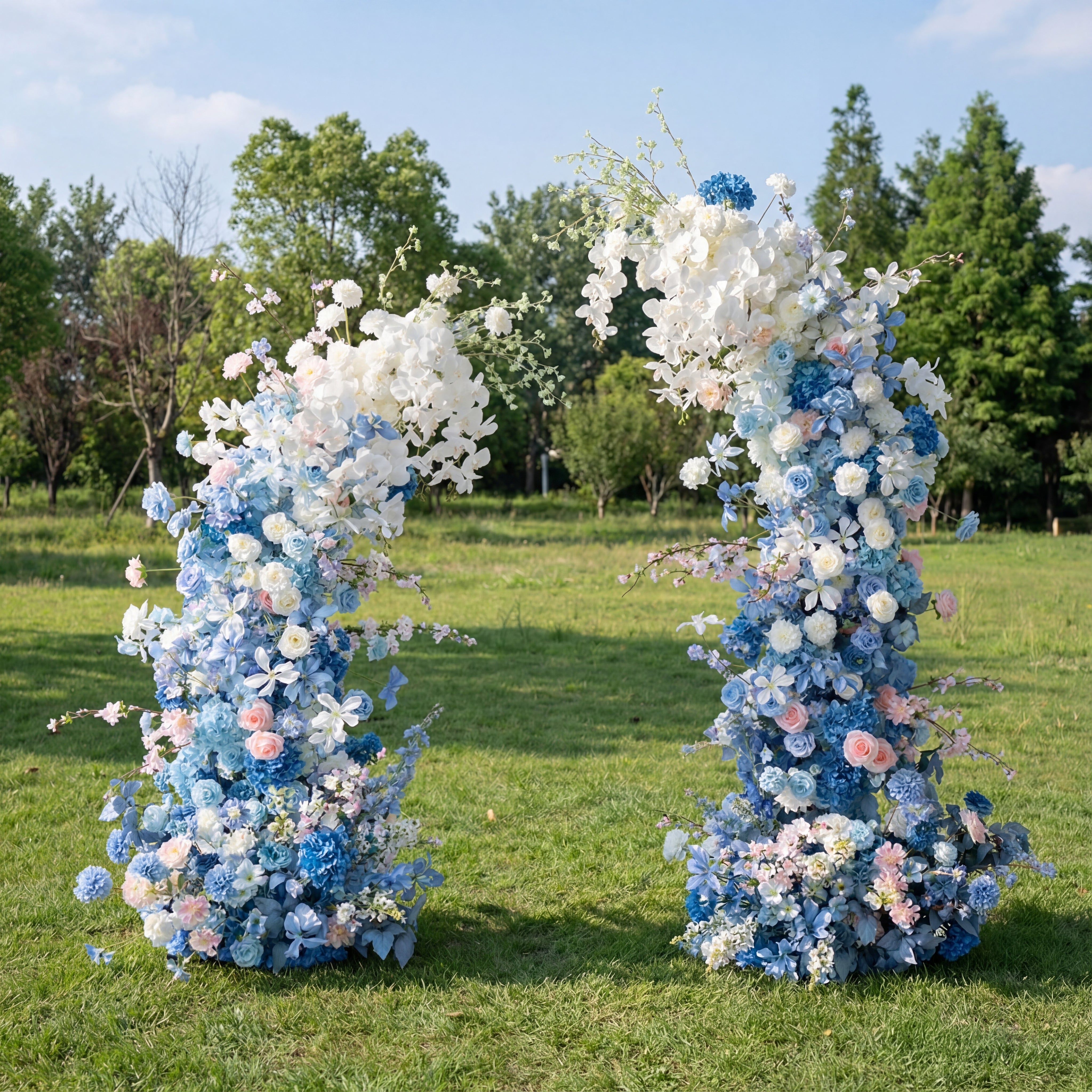 Blue-Pink Theme Elegant Moon Shape Wedding Ceremony Floral Horn Arch - Artificial Flower Arch for Weddings, Events, and Special Occasions VA-309