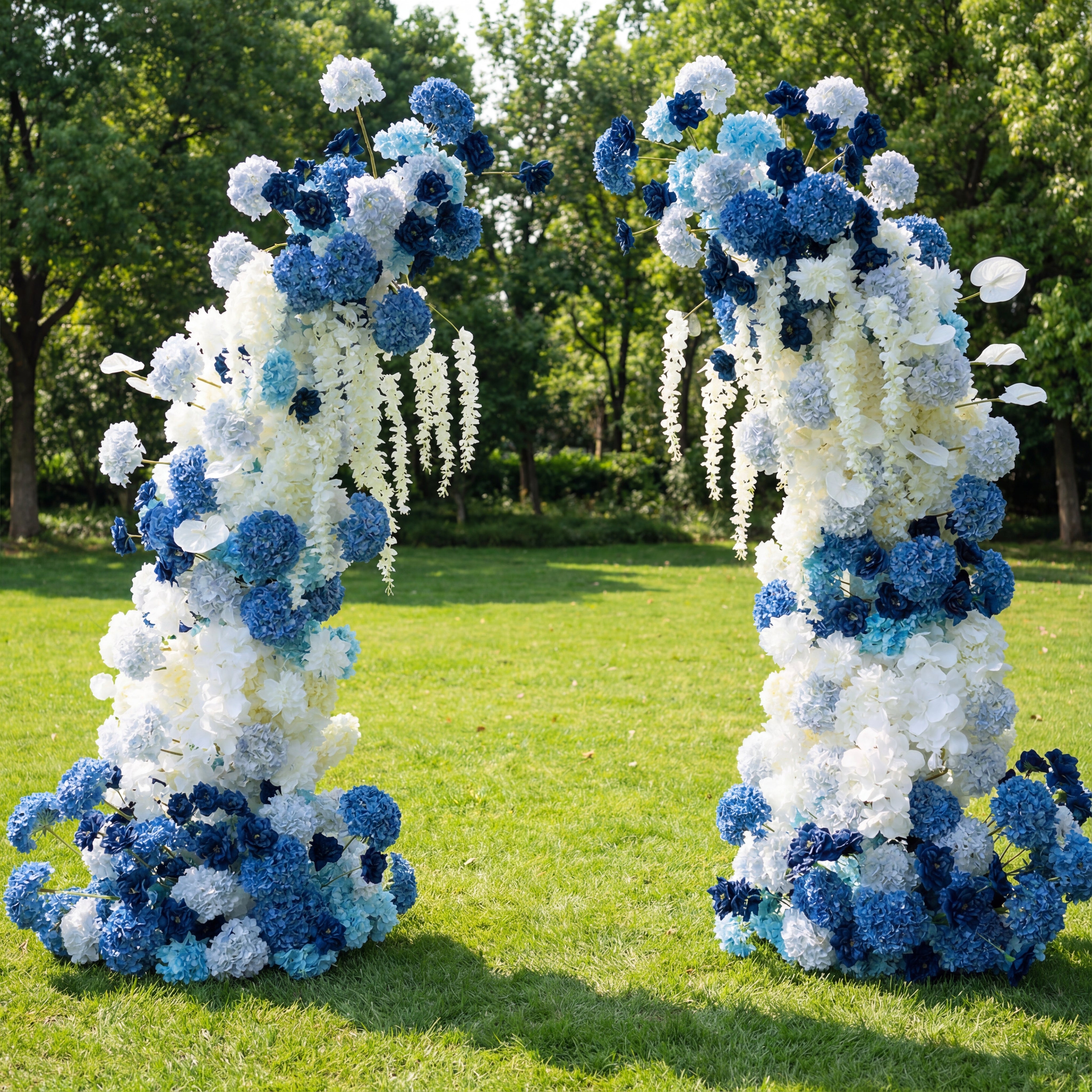 Blue Elegant Moon Shape Wedding Ceremony Floral Horn Arch - Artificial Flower Arch for Weddings, Events, and Special Occasions VA-312