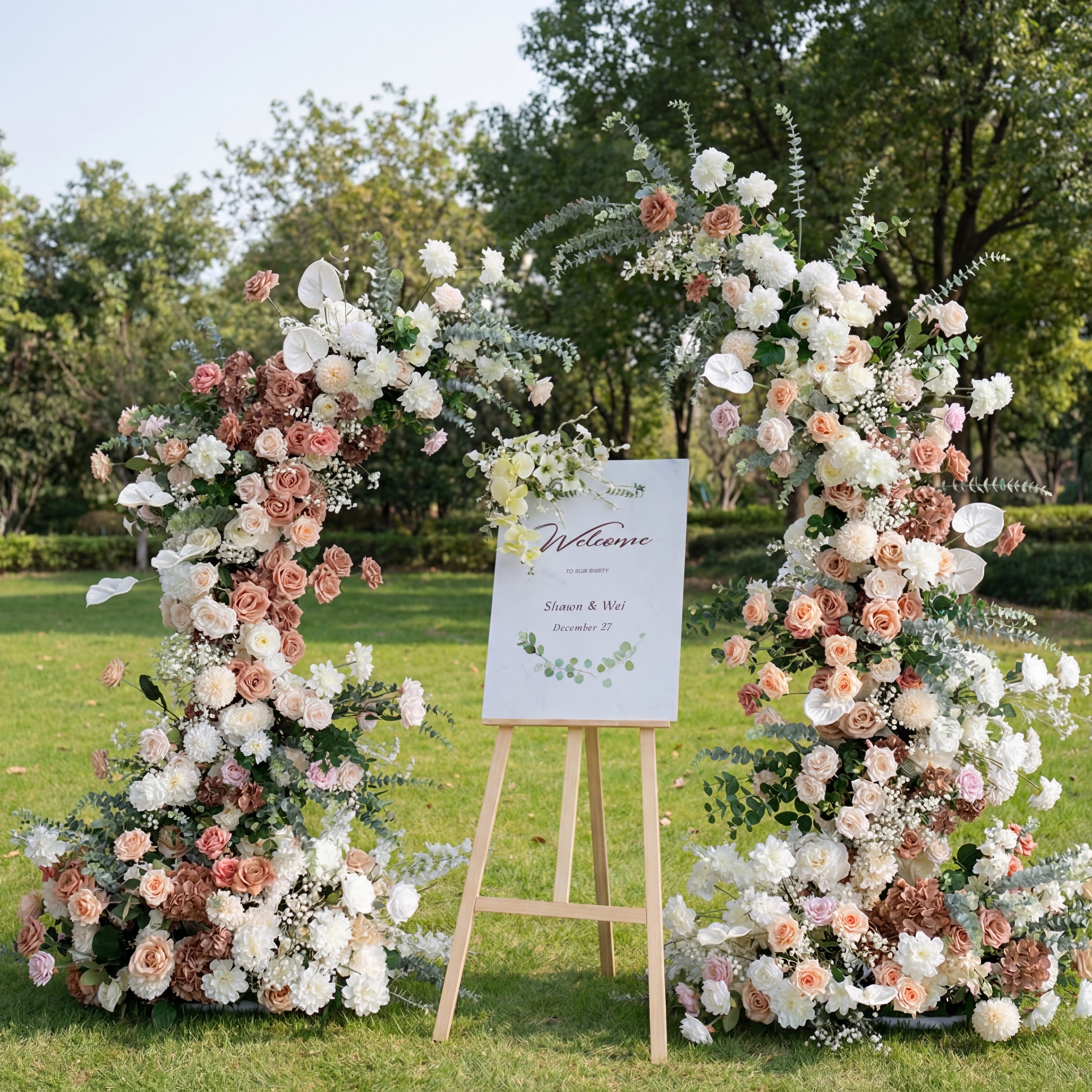 European Style Coffee-Colored Elegant Moon Shape Wedding Ceremony Floral Horn Arch - Artificial Flower Arch for Weddings, Events, and Special Occasions VA-316