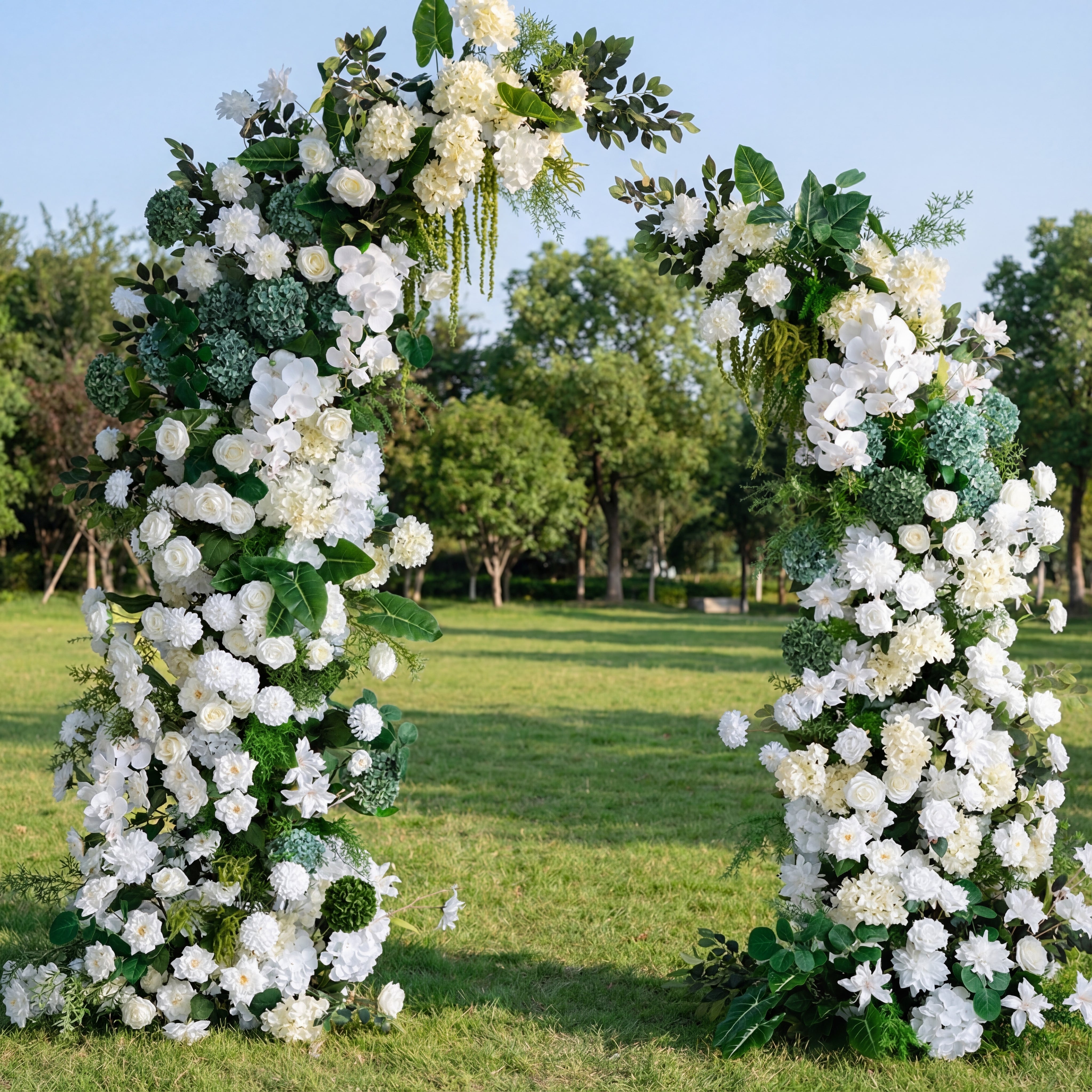 Forest-Inspired Green White Wedding Arch – Elegant Faux Flower Ceremony Archway VA-370