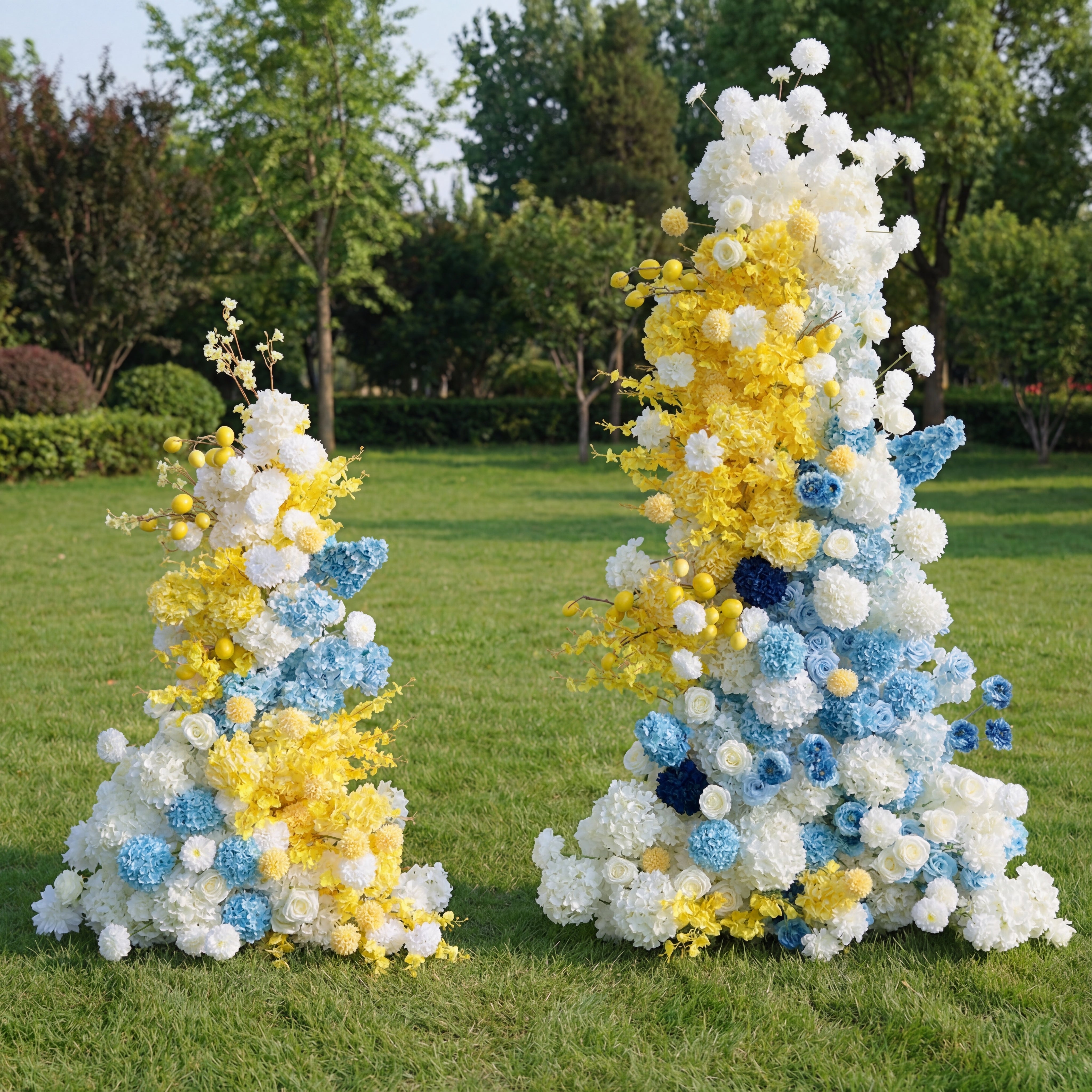 Modern Color Block Faux Floral Columns – Bright Yellow and Blue Flower Pillars for Stylish Wedding Decor VA-358