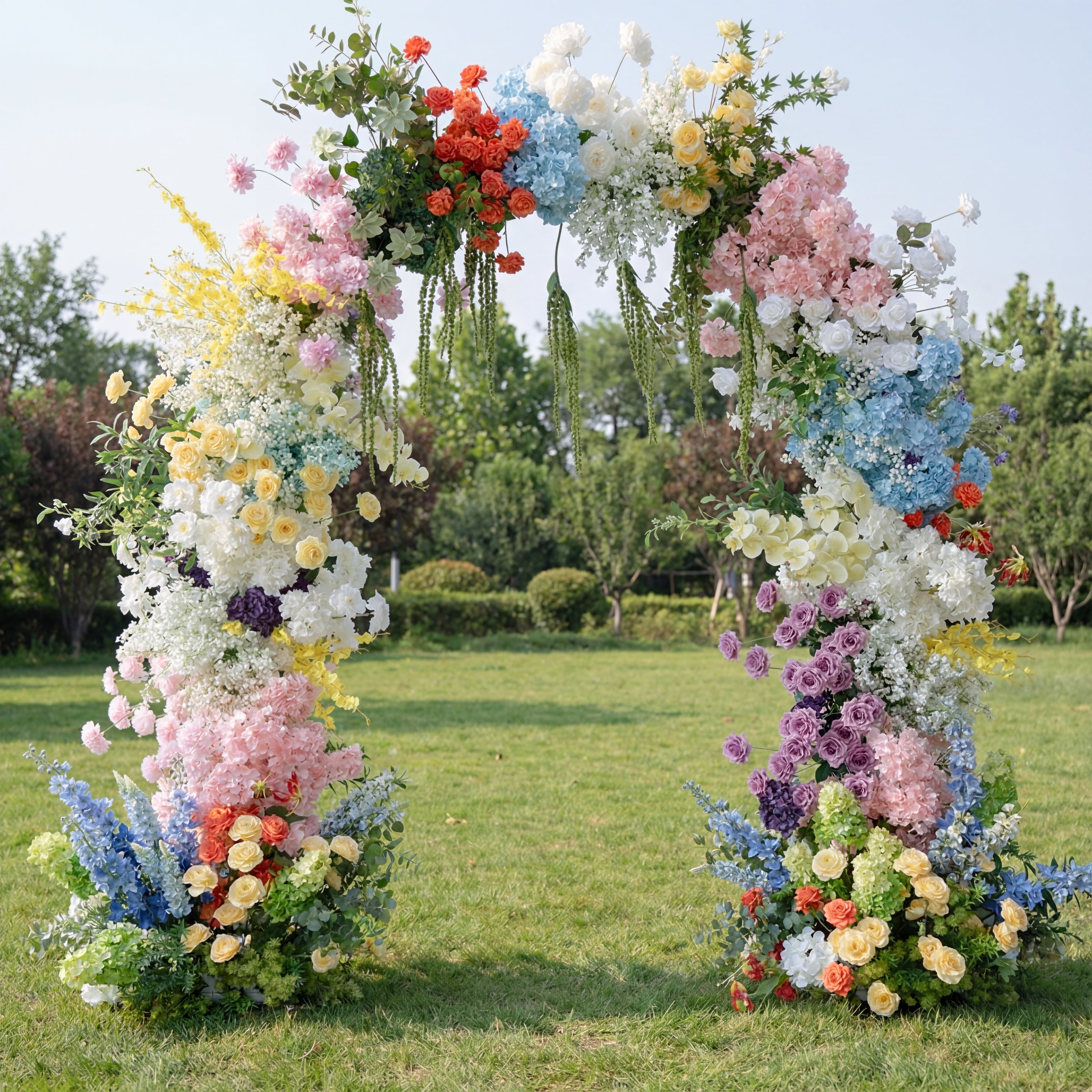 Rainbow-Inspired Artificial Floral Arch – Statement Wedding Backdrop with Bold Color Blocks VA-368