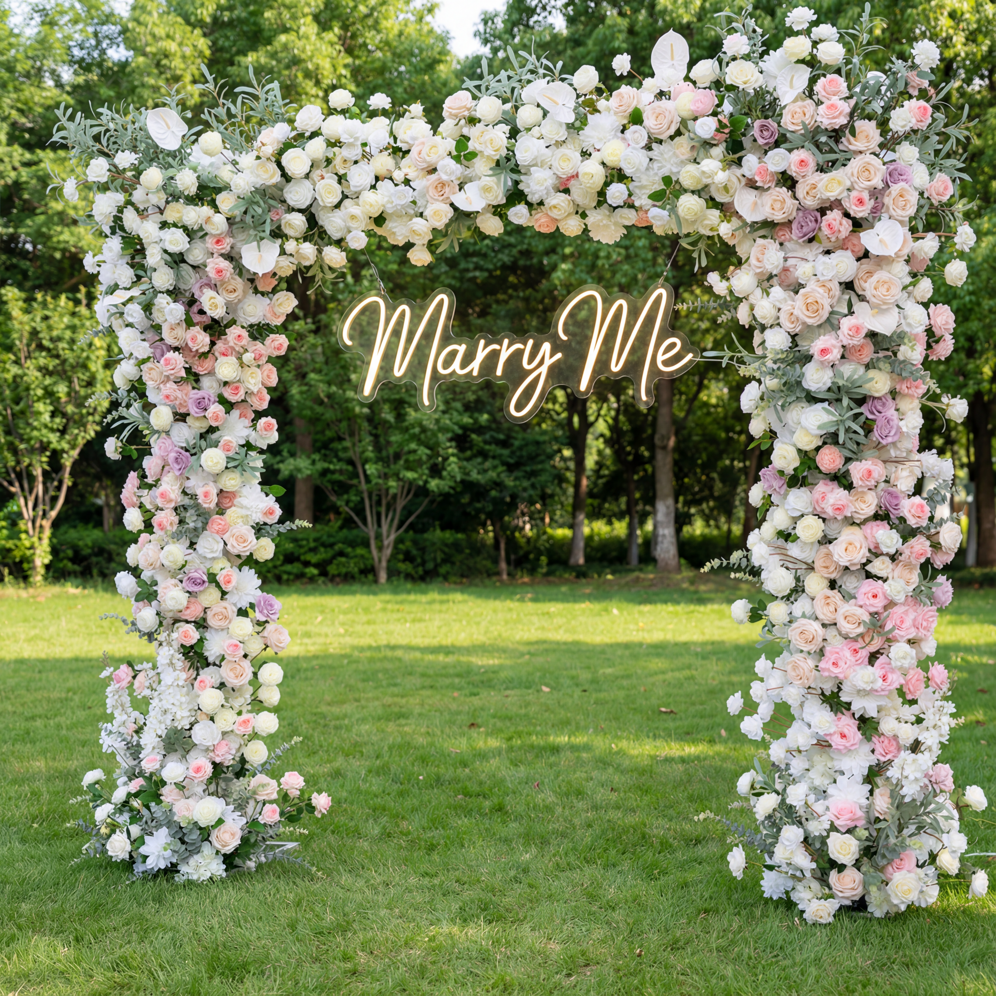 Cream White and Pink Artificial Flower Arch – Wedding Ceremony Backdrop with Faux Roses and Hydrangeas VA-369