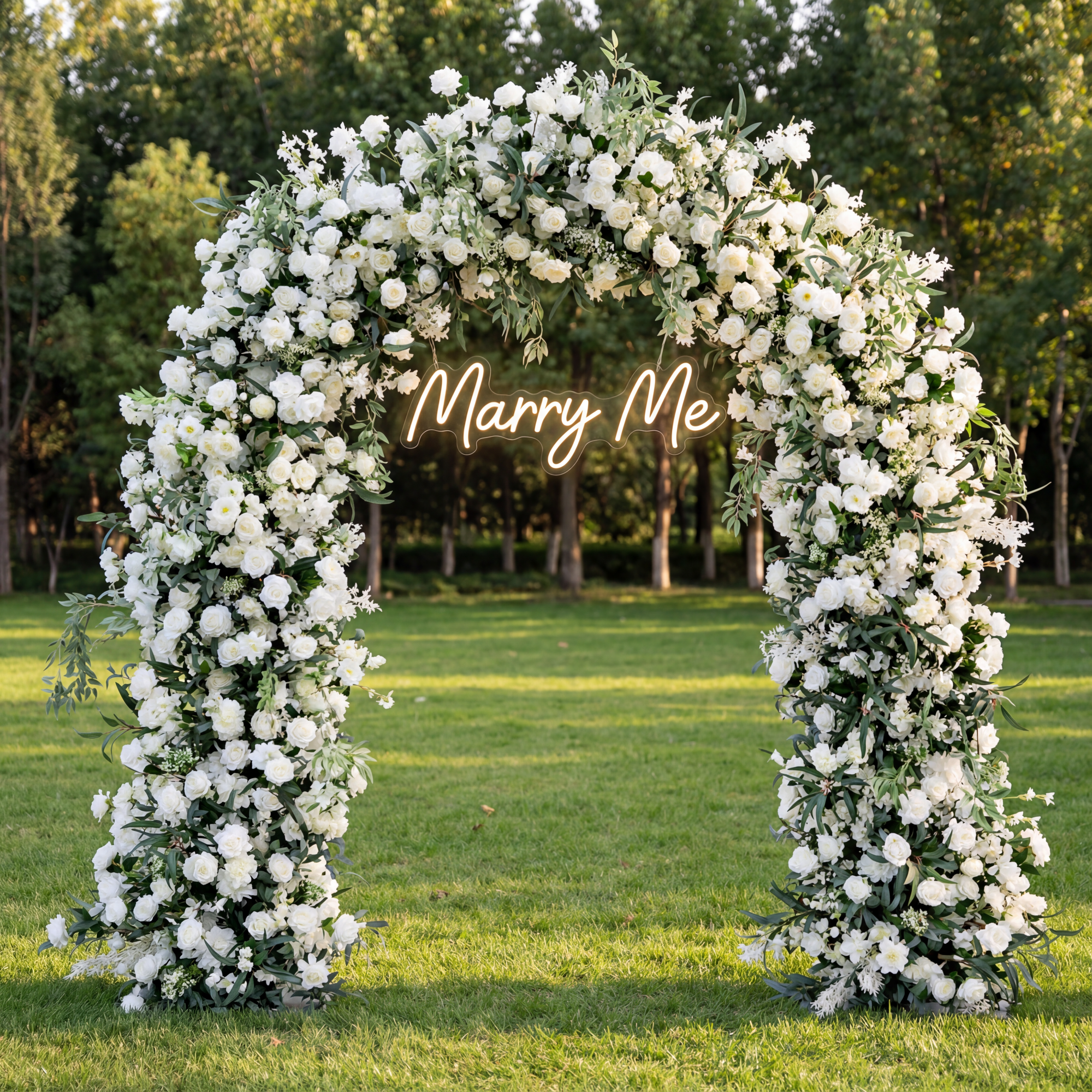 Valar Flower White Floral Wedding Arch with Greenery – Faux Rose Arch for Outdoor Ceremony & Proposal VA-391