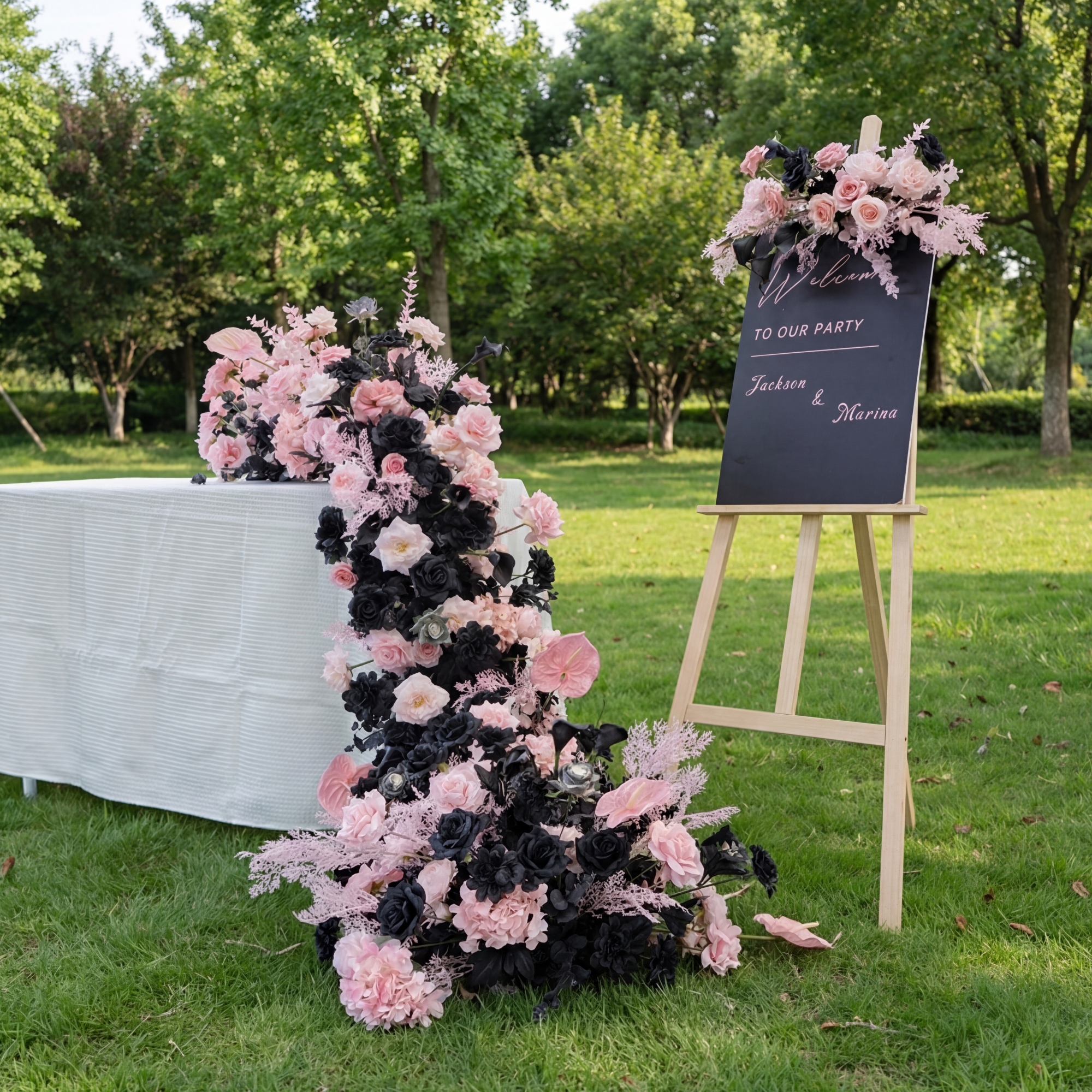 우아한 검정색과 분홍색 꽃 장식 결혼식 장식, 인공 꽃 배열, 의식 배경 FA-212