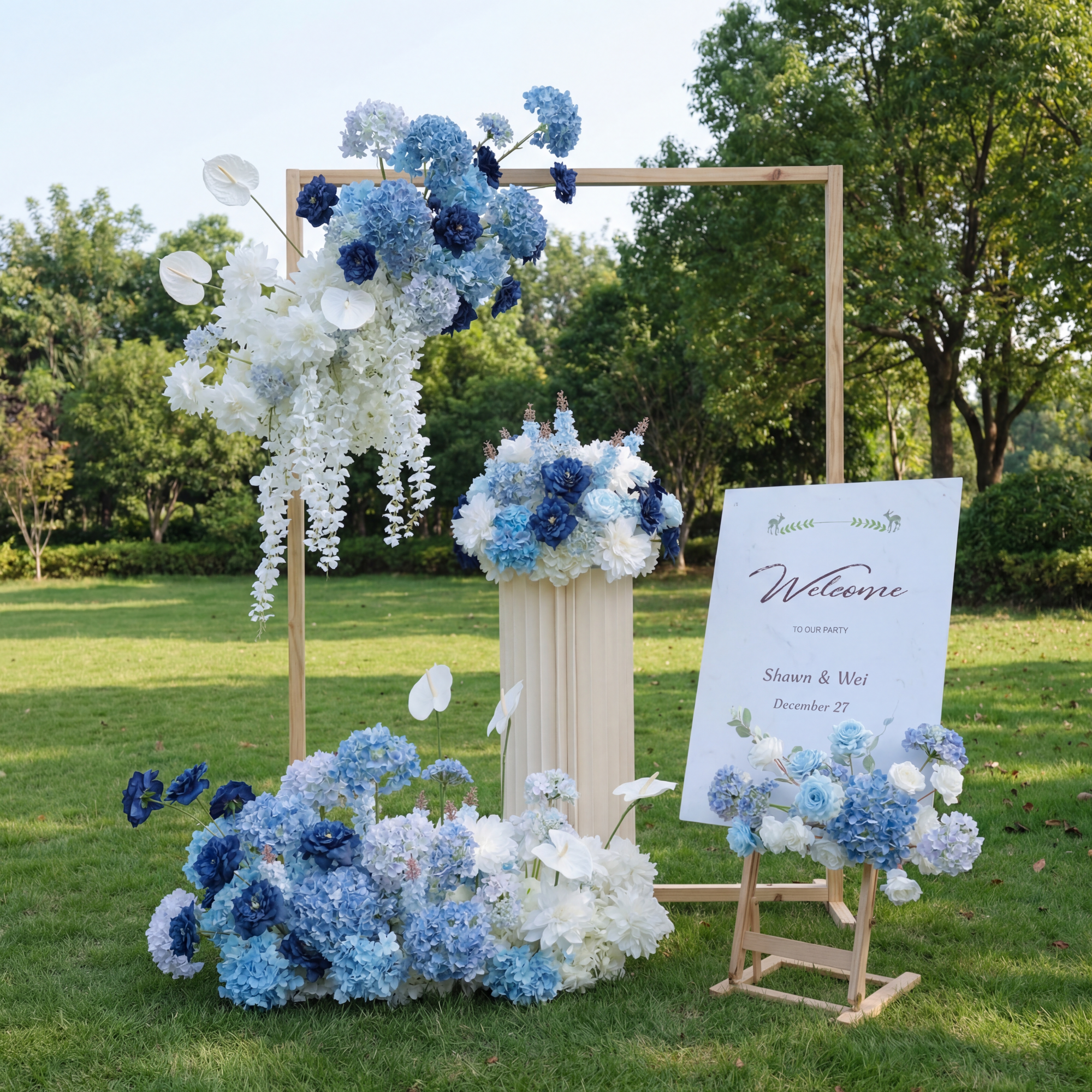 우아한 블루와 화이트 플로랄 웨딩 장식, 인조 꽃 장식, 세리머니 배경 및 웰컴 사인 세트 FA-208