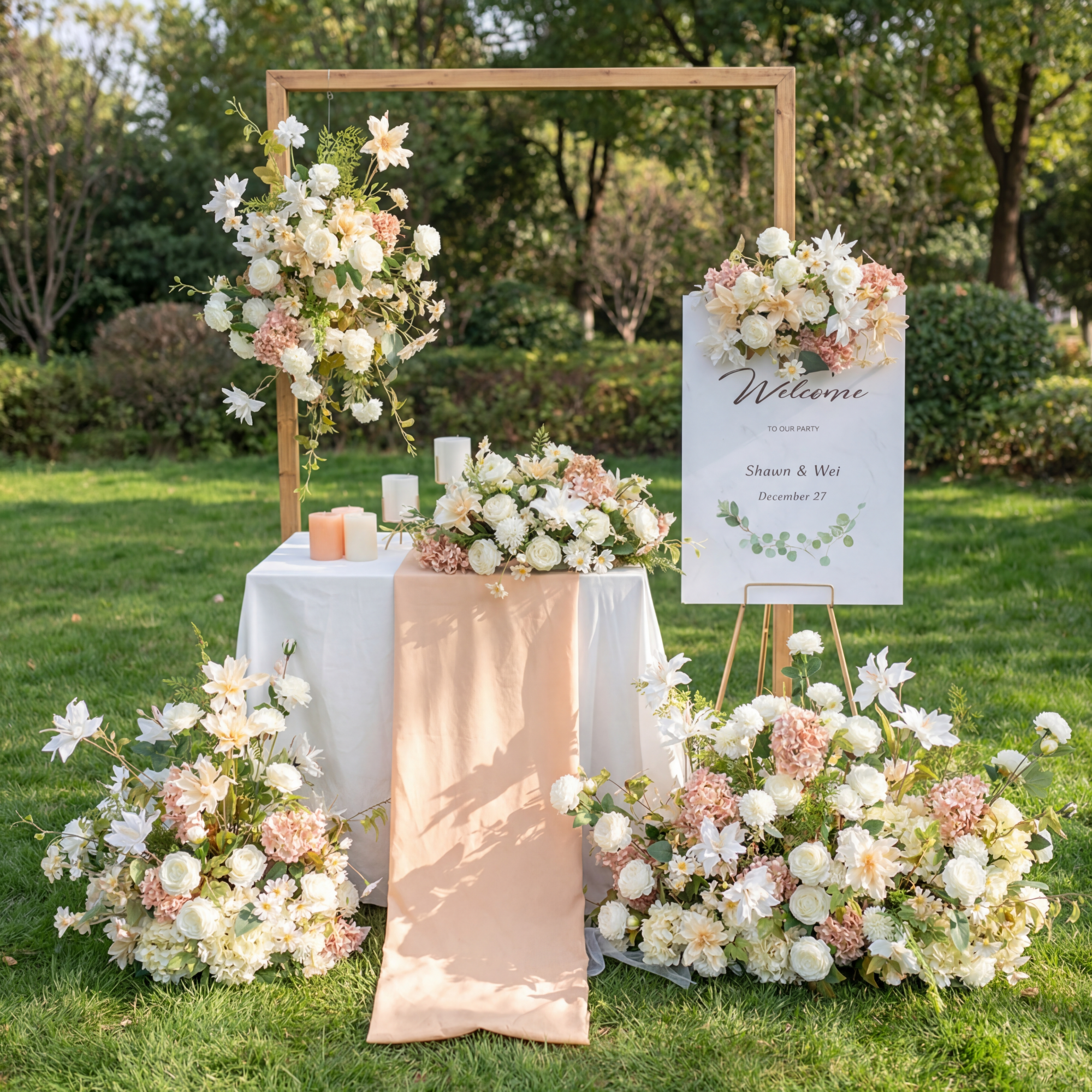 우아한 파란색과 흰색 꽃 장식 결혼식 아치, 인공 꽃 배열, 의식 배경 및 이벤트 장식 FA-211