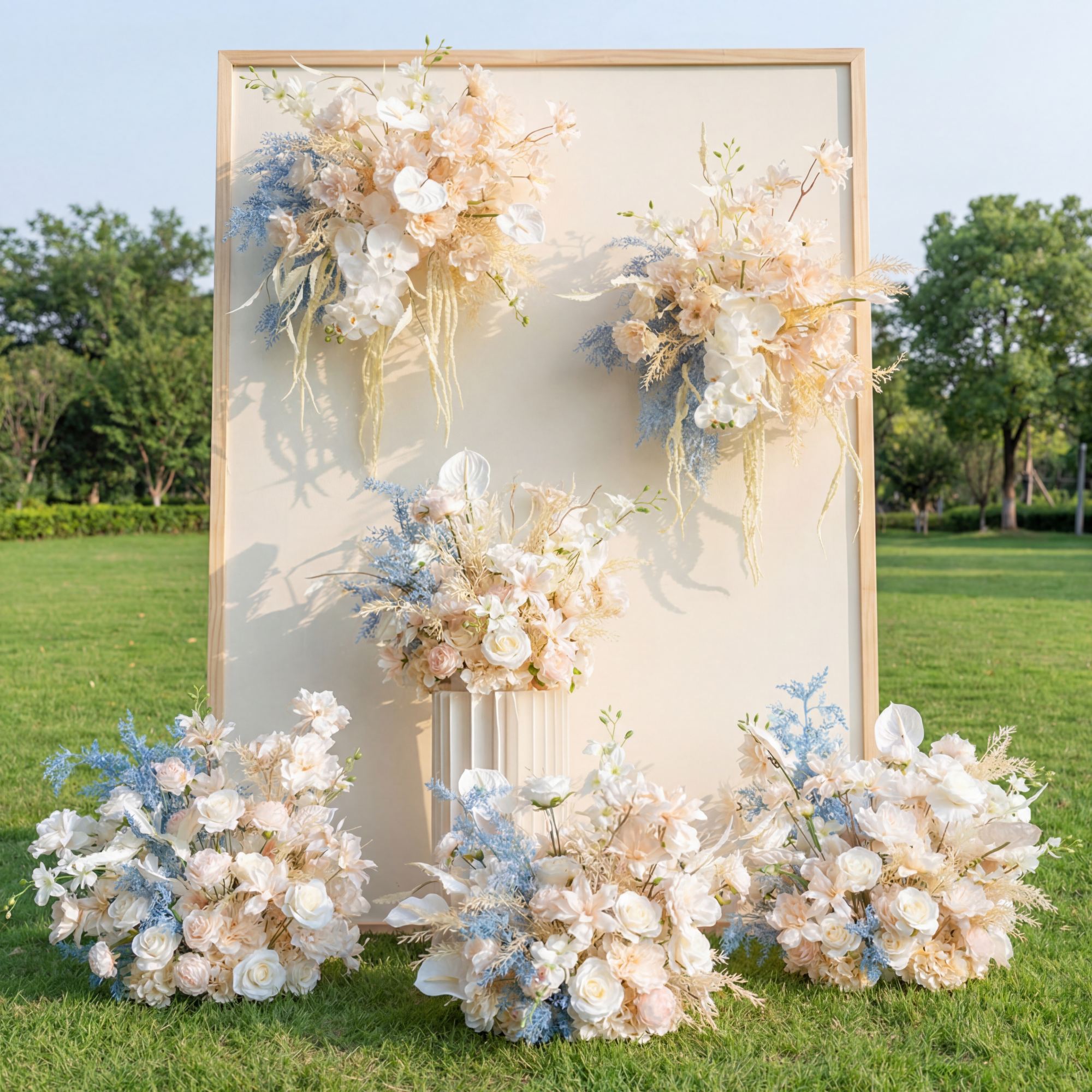 우아한 파란색과 흰색 꽃 장식 결혼식 아치, 인공 꽃 배열, 의식 배경 및 이벤트 장식 FA-211