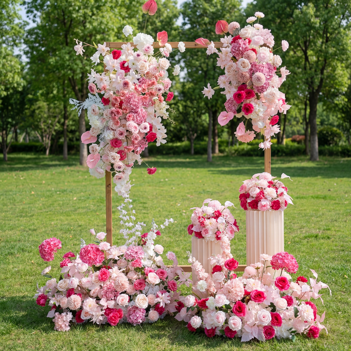 エレガントな青と白の花柄ウェディングアーチ、人工花のアレンジメント