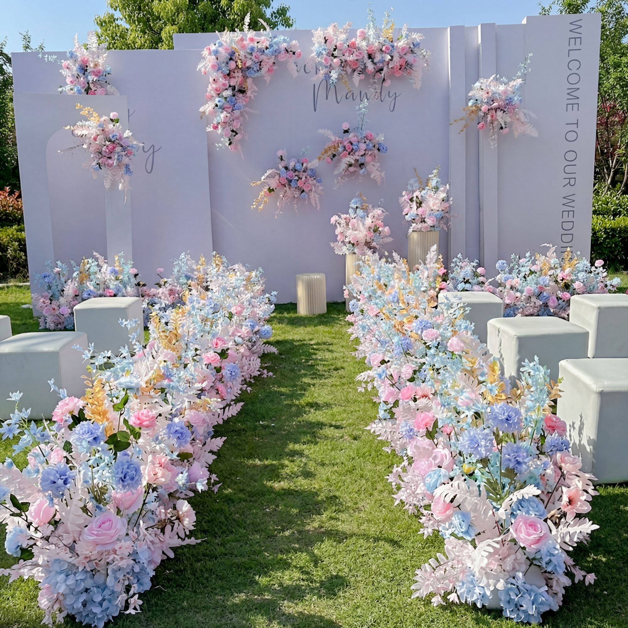우아한 파란색과 흰색 꽃 장식 결혼식 아치, 인공 꽃 배열, 의식 배경 및 이벤트 장식 FA-211