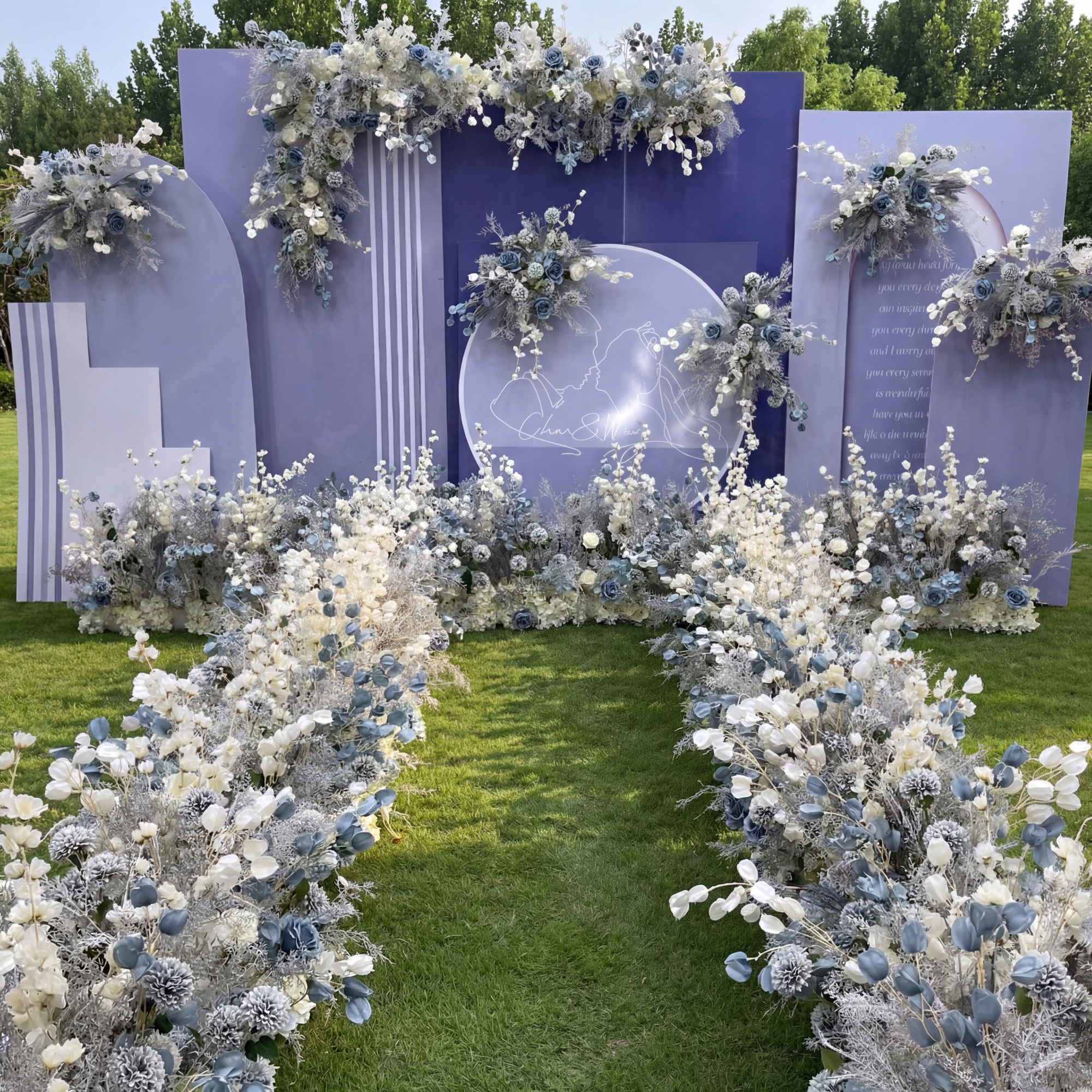 우아한 파란색과 흰색 꽃 장식 결혼식 아치, 인공 꽃 배열, 의식 배경 및 이벤트 장식 FA-211