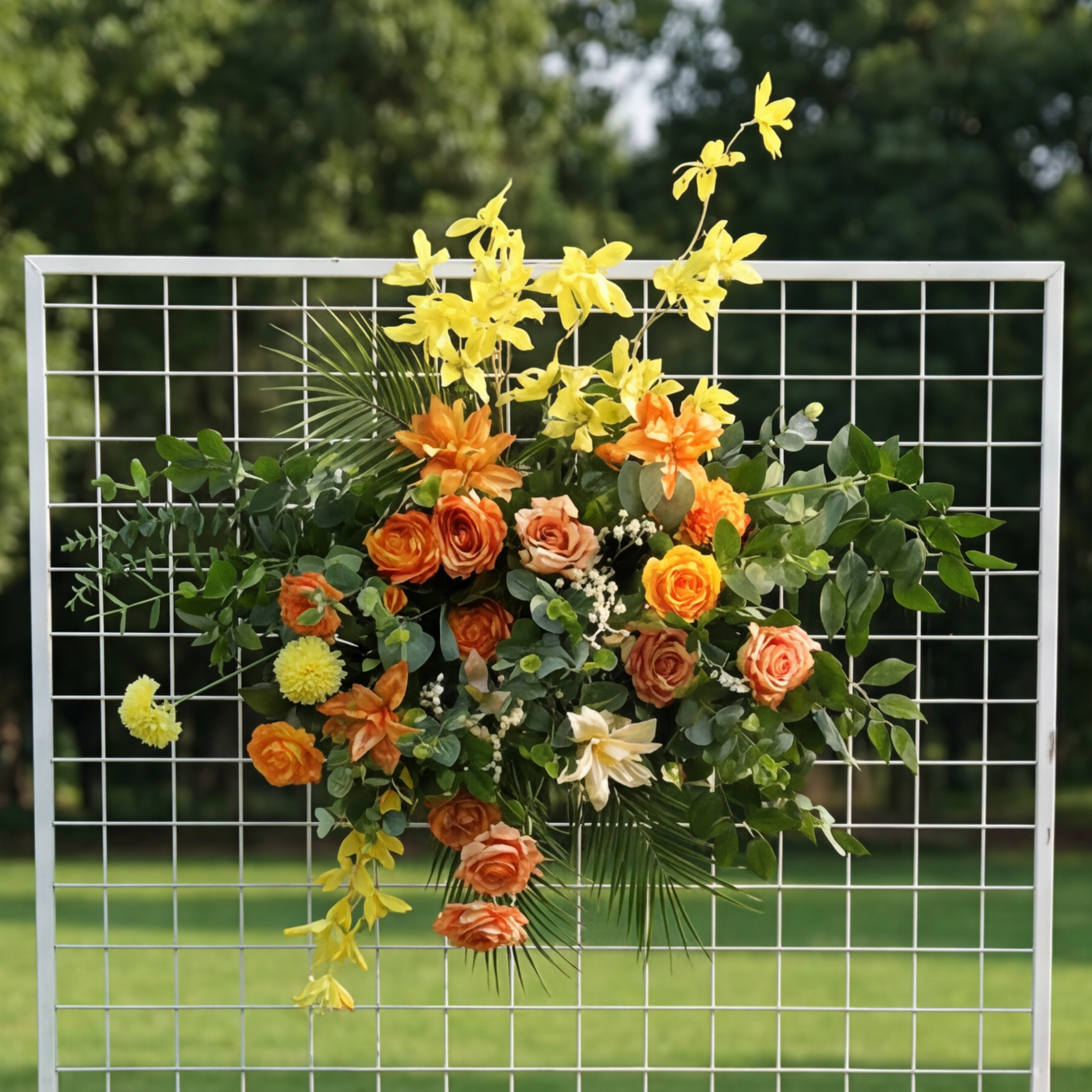 Configuración de flores artificiales inspiradas en la primavera – Conjunto de flores artificiales azules y amarillas para eventos FA-264