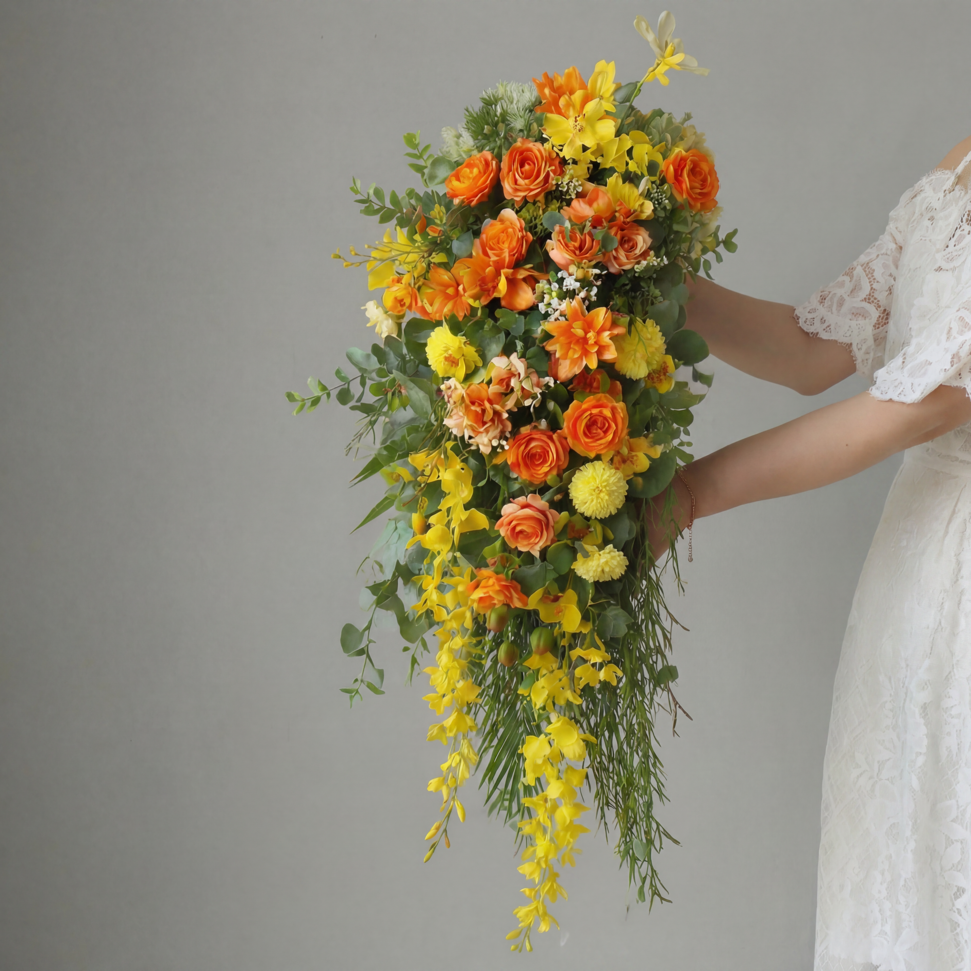 ValarFlower Orange & Yellow Cascade Bridal Bouquet – Artificial Flower Wedding Handheld Arrangement for Ceremony & Photos VB-219 (Without Vase)