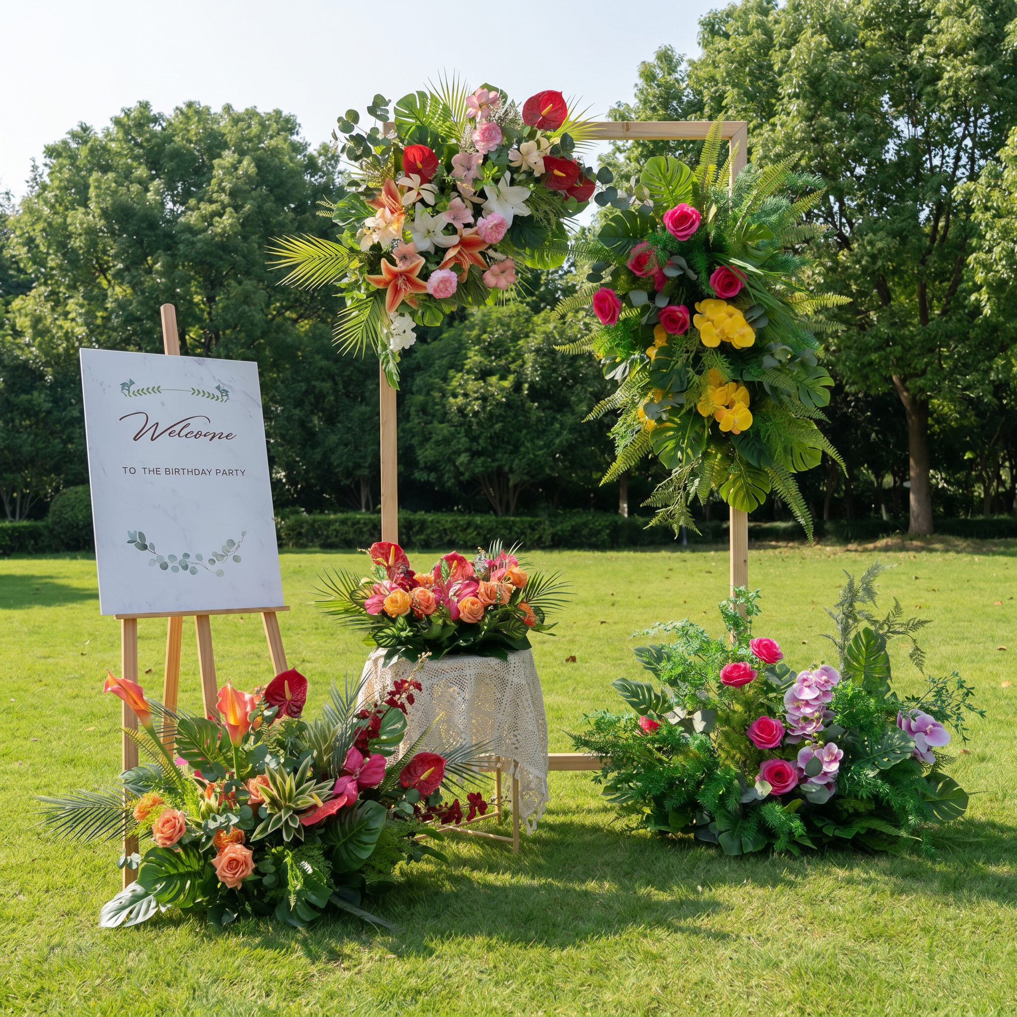 ValarFlower Tropical Garden Artificial Floral Arrangement Set, Wedding Welcome Sign Flowers, Table Centerpiece & Event Backdrop Decor FA-348