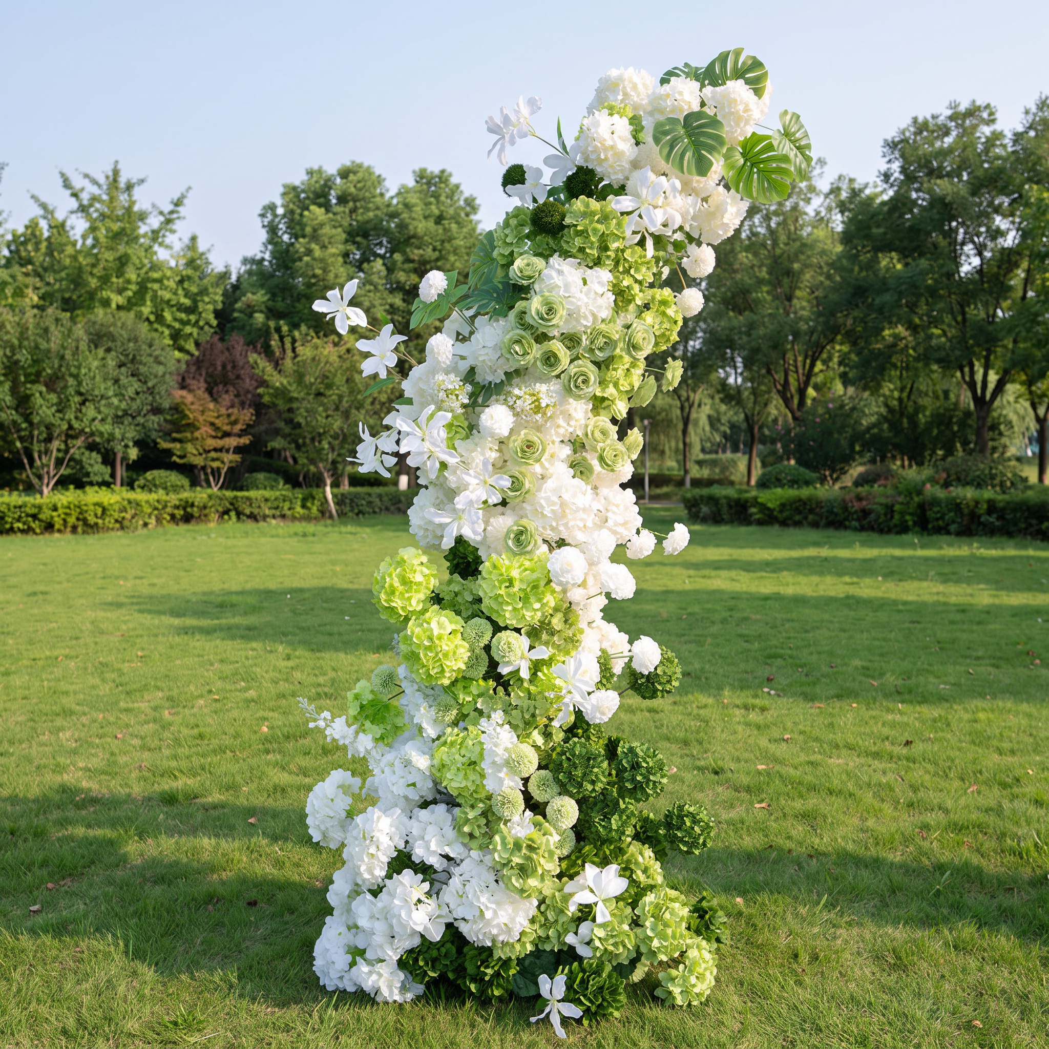 ValarFlower Luxury Artificial Wedding Arch Floral Installation, White & Green Faux Flower Ceremony Backdrop, Garden Wedding Decor, Outdoor Event Entrance Decoration VA-411