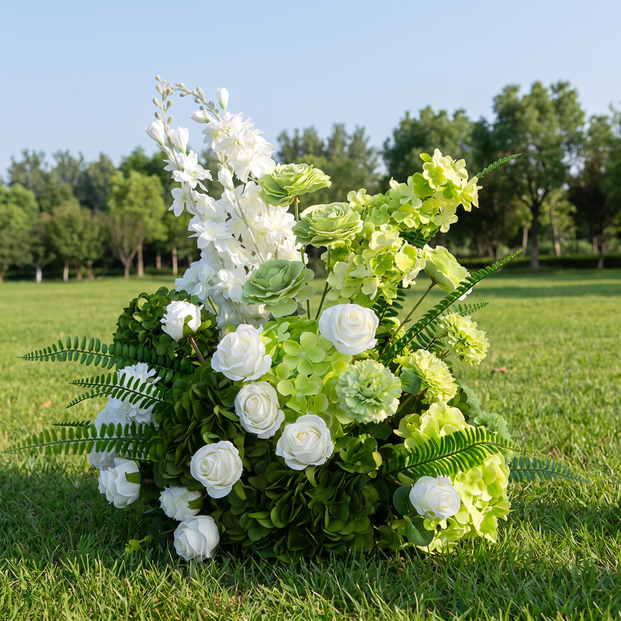 ValarFlower Luxury Artificial Wedding Arch Floral Installation, White & Green Faux Flower Ceremony Backdrop, Garden Wedding Decor, Outdoor Event Entrance Decoration VA-411