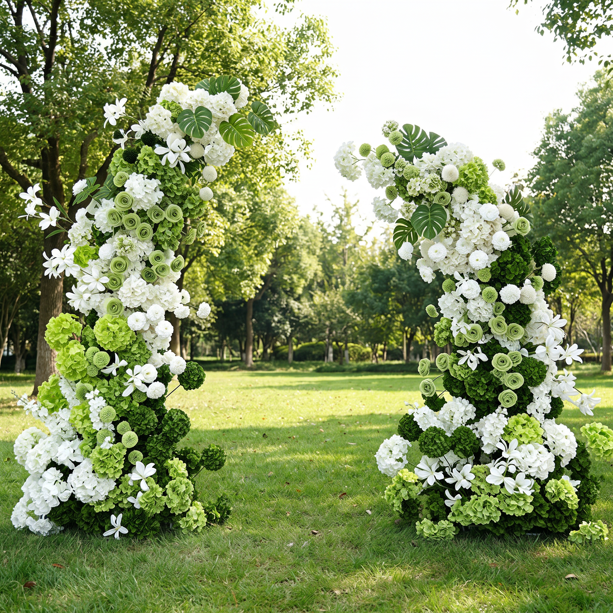 ValarFlower Luxury Artificial Wedding Arch Floral Installation, White & Green Faux Flower Ceremony Backdrop, Garden Wedding Decor, Outdoor Event Entrance Decoration VA-411