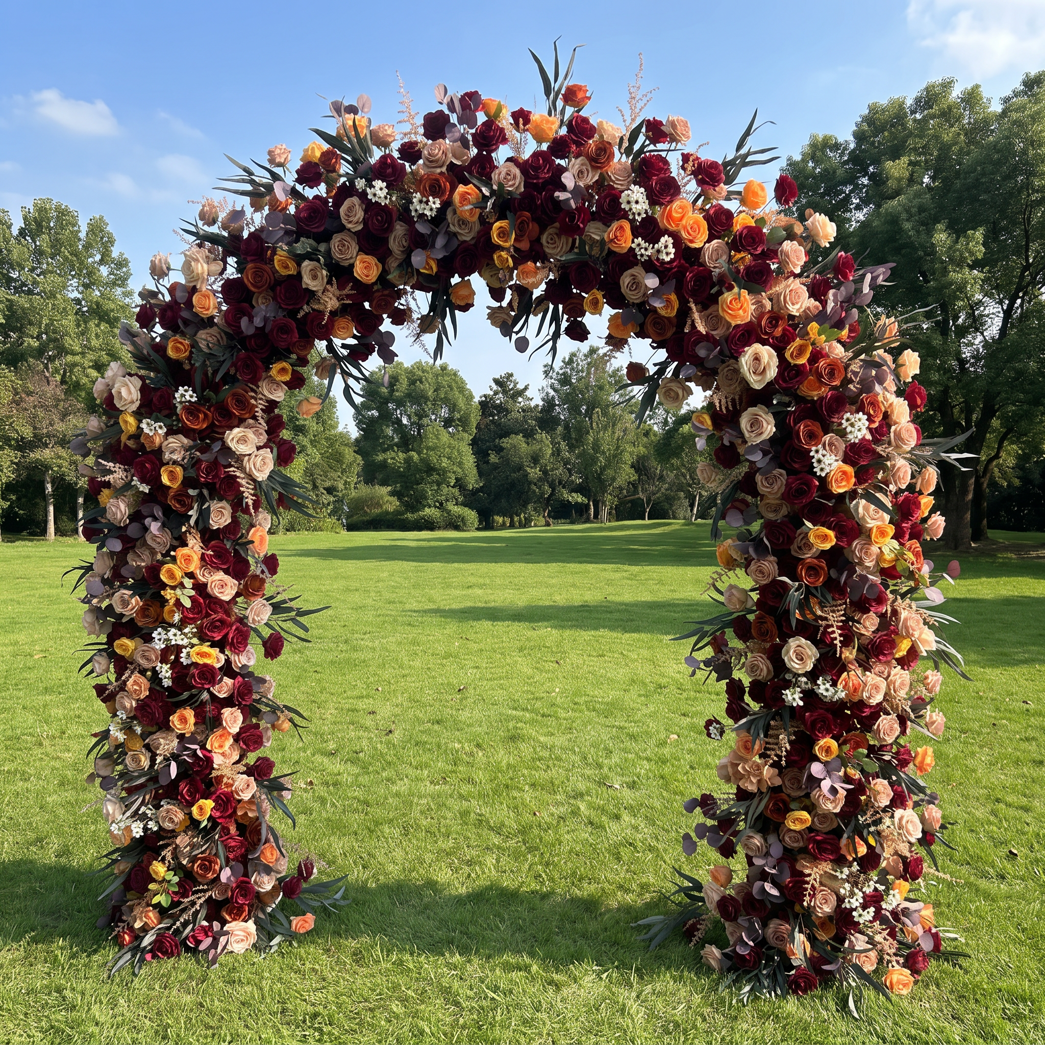ValarFlower Luxury Artificial Wedding Arch, Burgundy & Orange Faux Flower Ceremony Backdrop, Romantic Outdoor Garden Wedding Decor, Floral Entrance Installation VA-412
