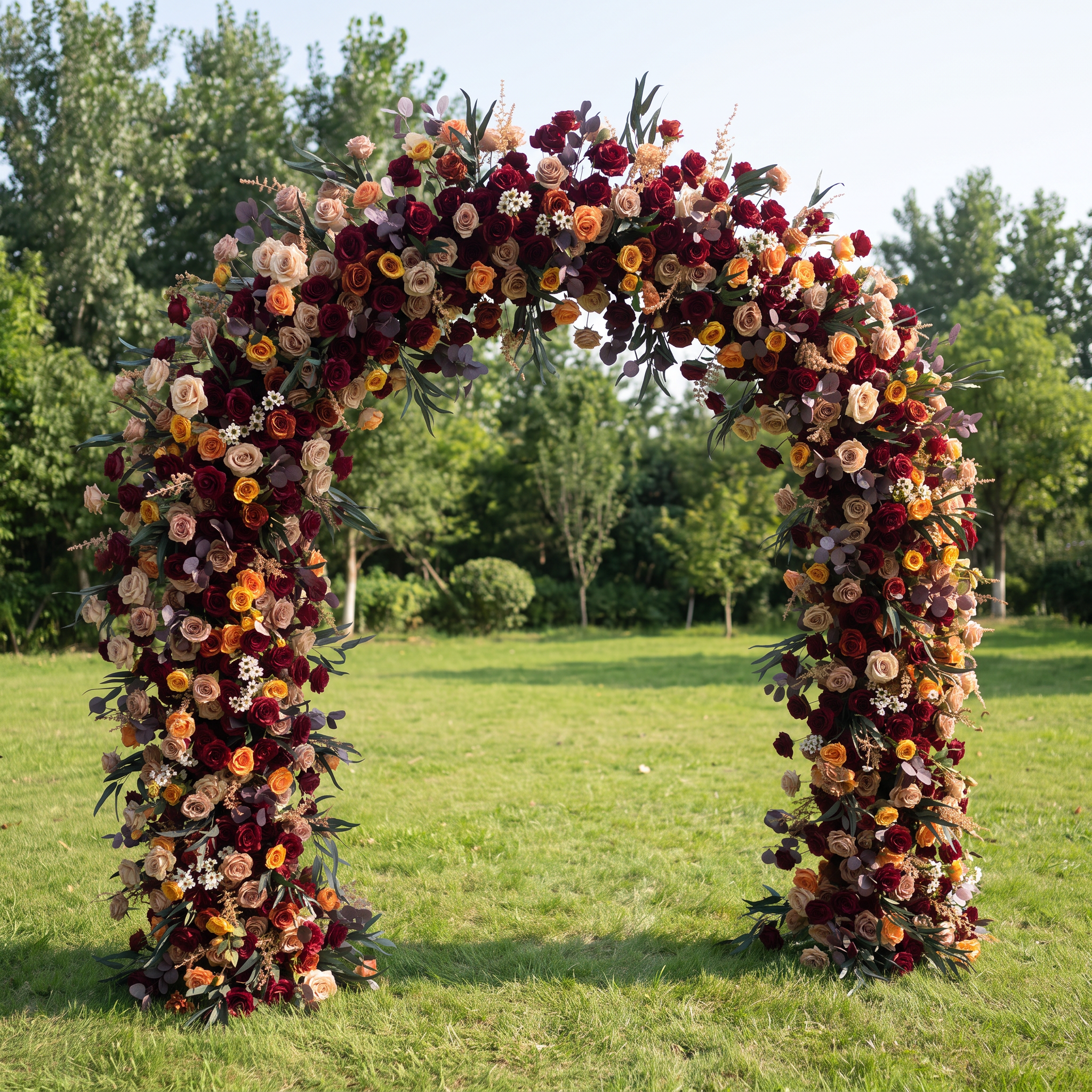 ValarFlower Luxury Artificial Wedding Arch, Burgundy & Orange Faux Flower Ceremony Backdrop, Romantic Outdoor Garden Wedding Decor, Floral Entrance Installation VA-412