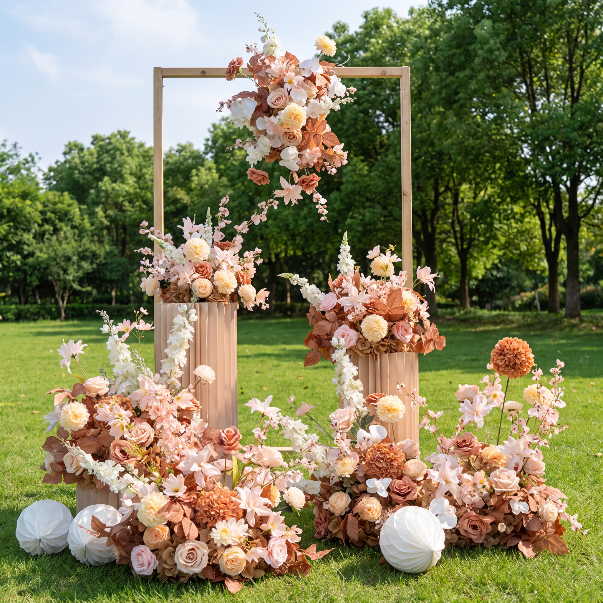 ValarFlower Luxury Peach Floral Wedding Arch Backdrop, Artificial Flower Ceremony Arch with Garden Style Arrangement, Romantic Outdoor Wedding Decor, Engagement Party Entrance Decoration FA-359