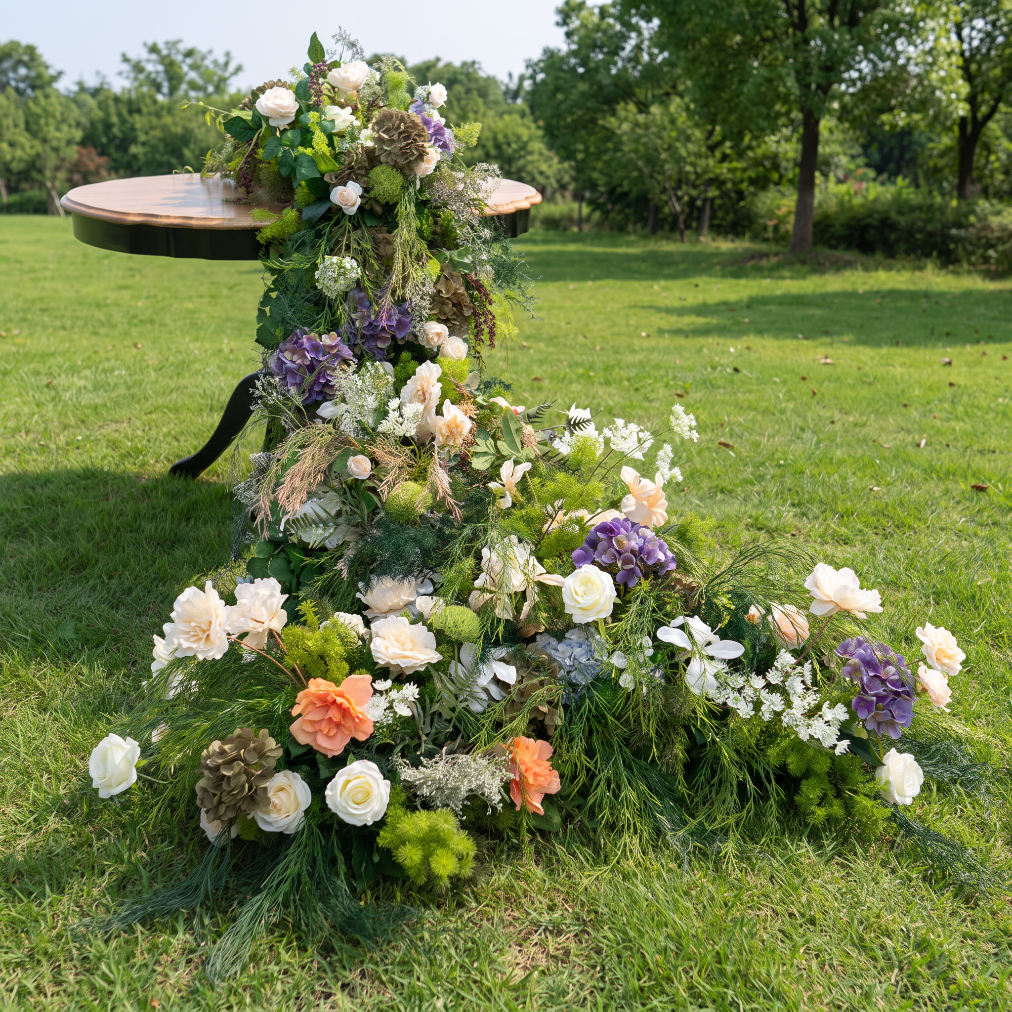 ValarFlower Luxury Cascading Table Floral Arrangement, Artificial Greenery Centerpiece with Purple Hydrangea and White Rose Flowers, Wedding Reception Table Decor, Elegant Event Floral Decoration FA-360