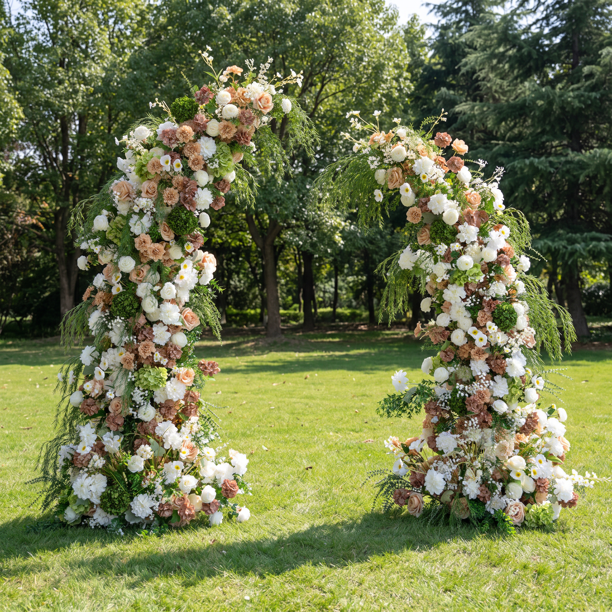 ValarFlower Luxury Asymmetrical Floral Wedding Arch, Artificial Flower Ceremony Backdrop with Greenery and White Peach Roses, Romantic Garden Wedding Decor, Event Entrance Decoration VA-413