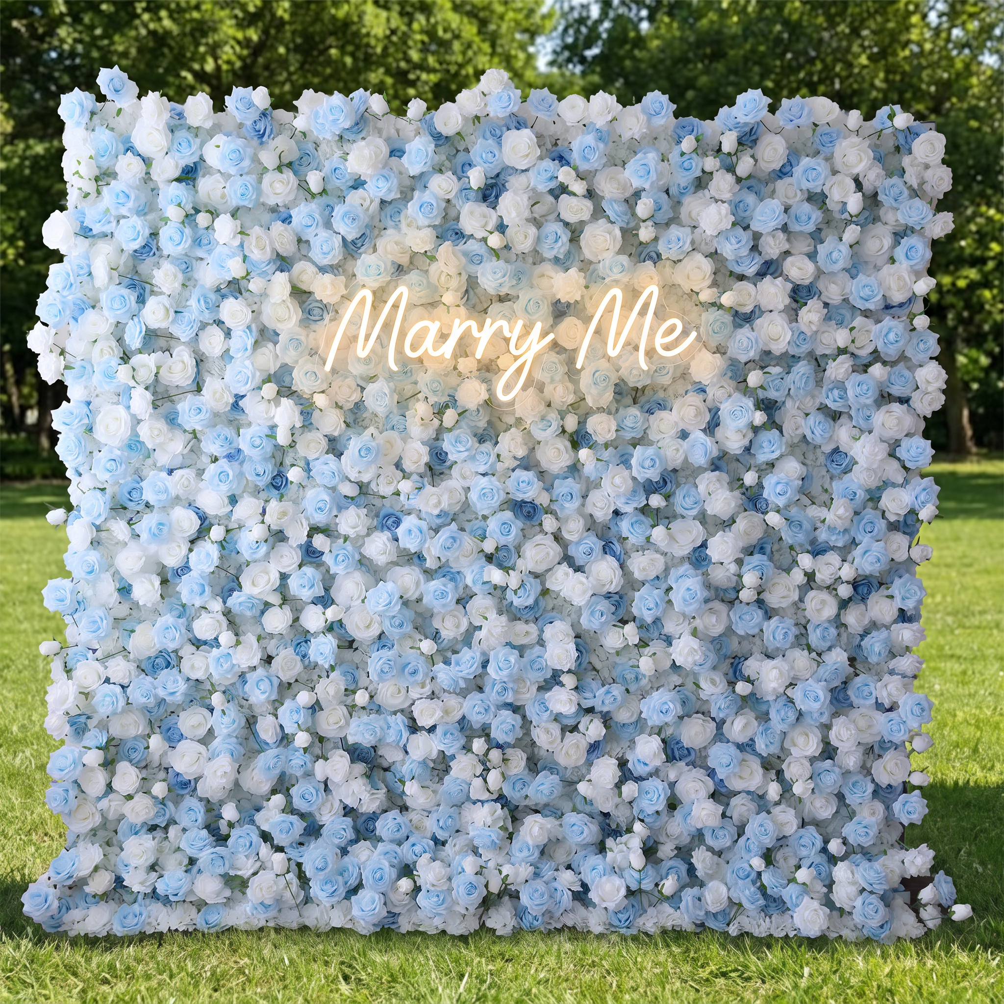 ValarFlower Blue White Artificial Rose Flower Wall Backdrop, Elegant Wedding Ceremony Decor and Photo Booth VF-698