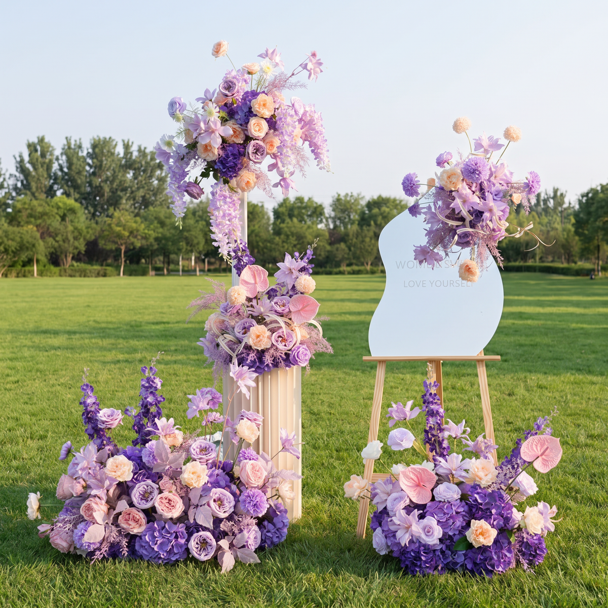 Pfirsich-weißes Kunstblumenarrangement – ​​Romantisches Event-Tisch- und Schild-Styling-Set FA-263