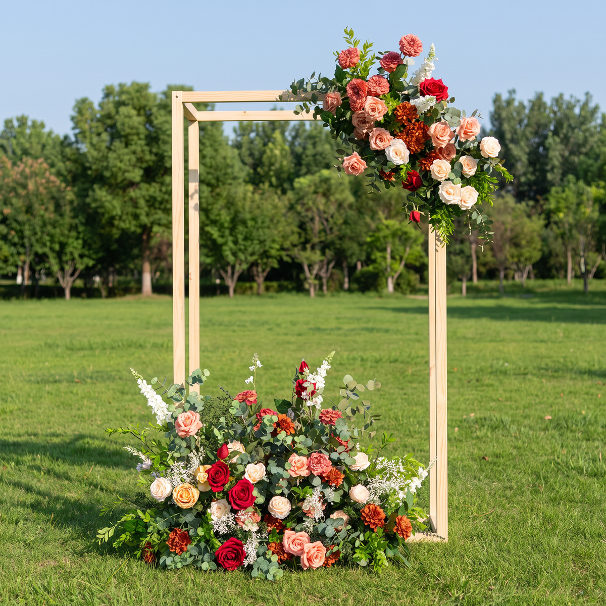 ValarFlower Red Peach Artificial Floral Arrangement Set, Garden Style Wedding Backdrop Decor with Floor Flowers FA-373
