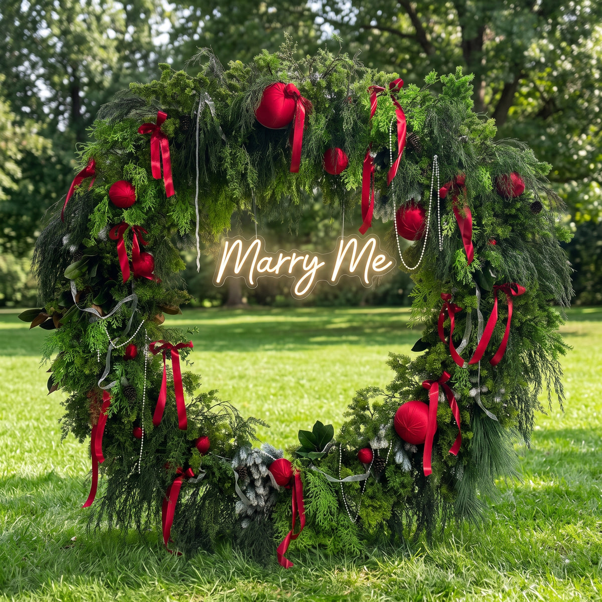 ValarFlower Christmas Greenery Wreath Arch, Red Ornament Holiday Floral Decor for Christmas Party and Event Styling VA-417