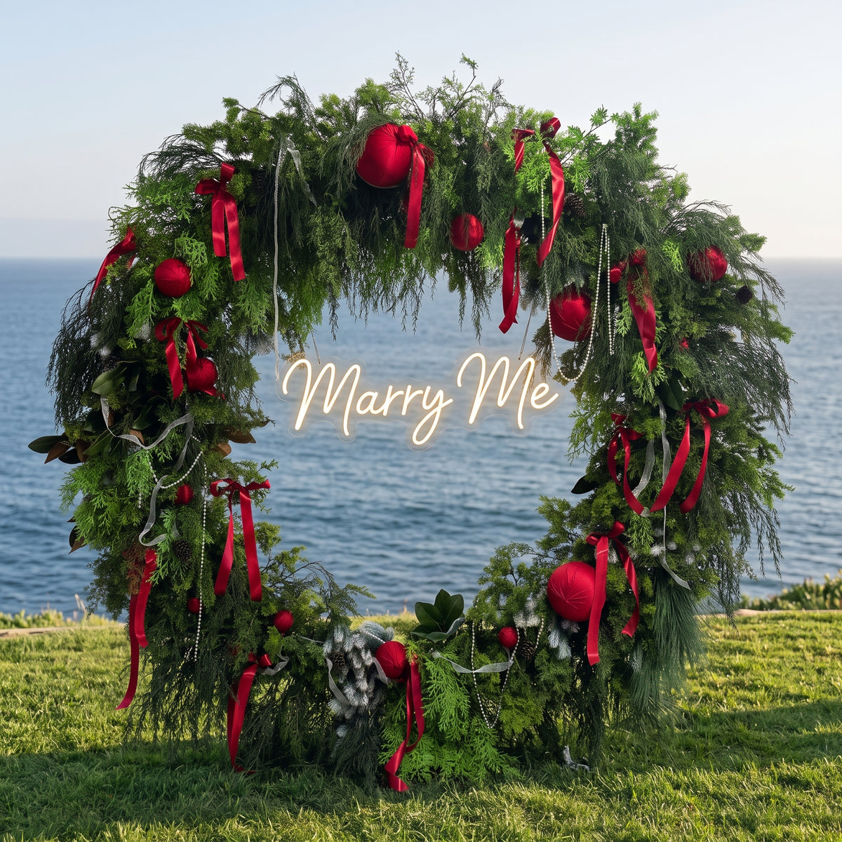 ValarFlower Christmas Greenery Wreath Arch, Red Ornament Holiday Floral Decor for Christmas Party and Event Styling VA-417